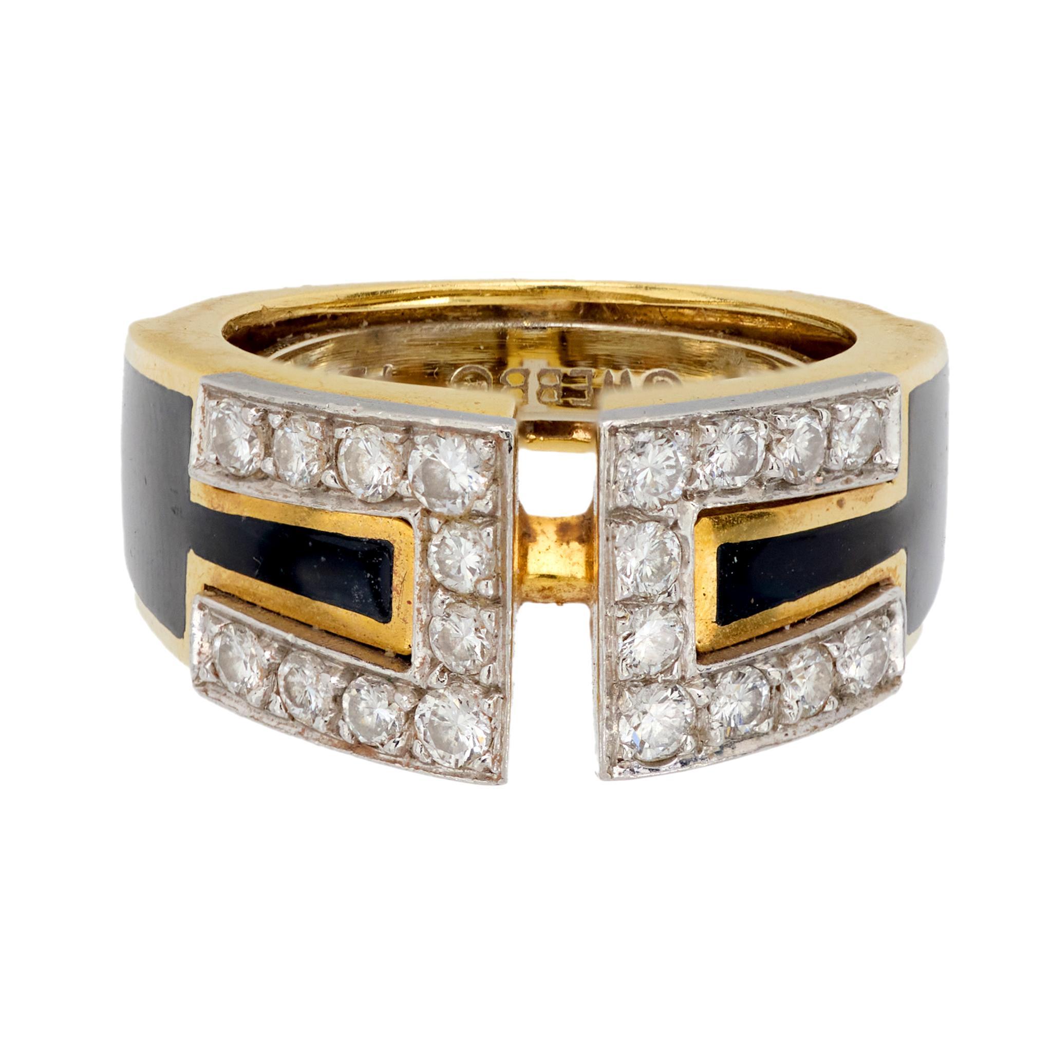 Modern David Webb diamond 18k yellow gold black enamel ring