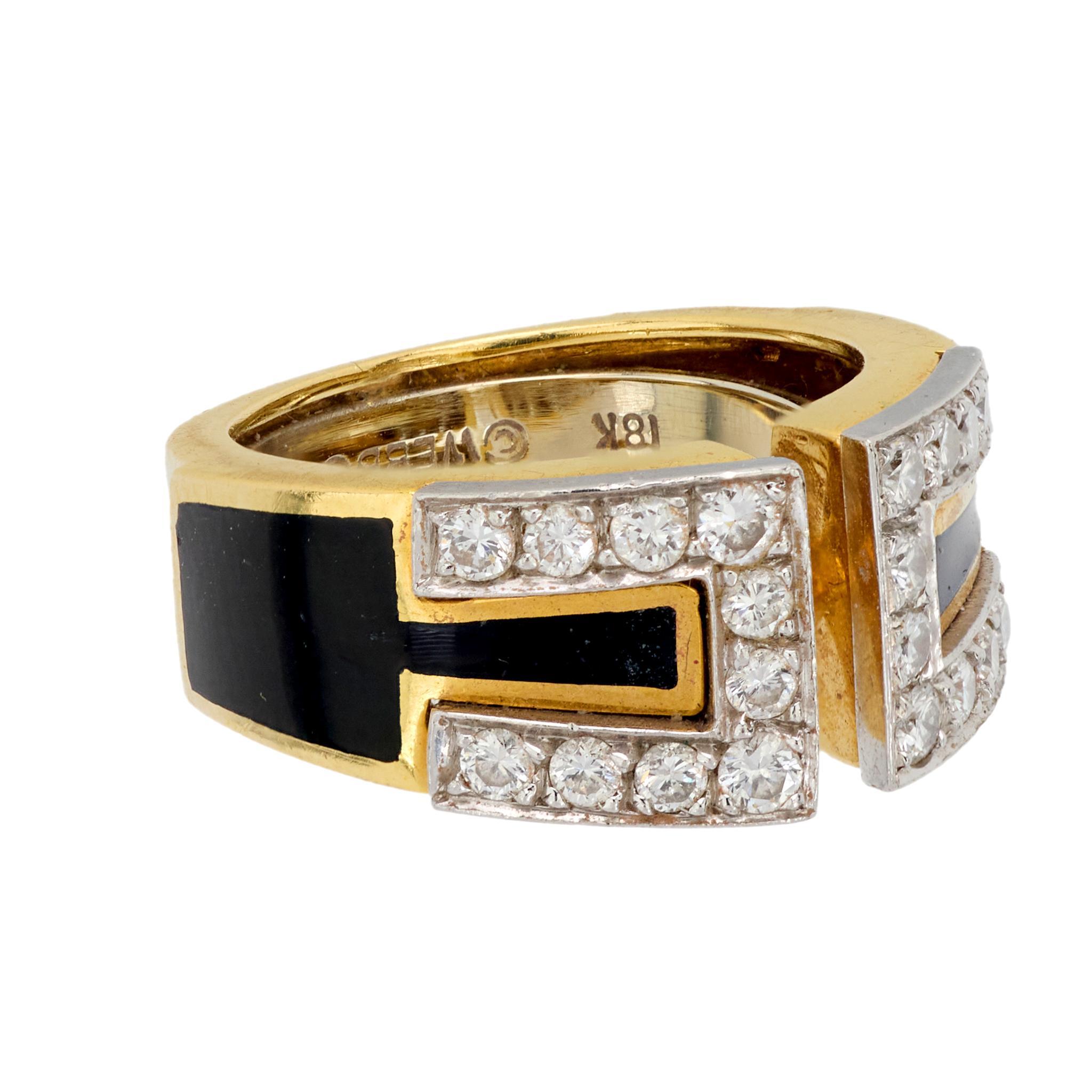 Brilliant Cut David Webb diamond 18k yellow gold black enamel ring