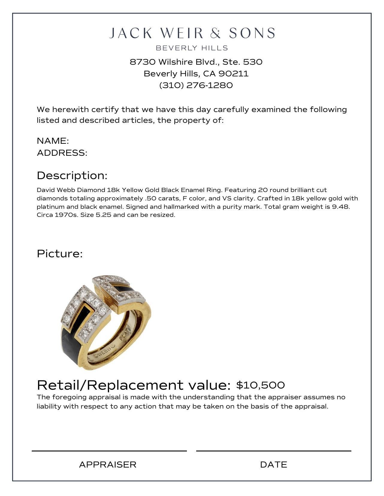 David Webb diamond 18k yellow gold black enamel ring In Good Condition In Beverly Hills, CA