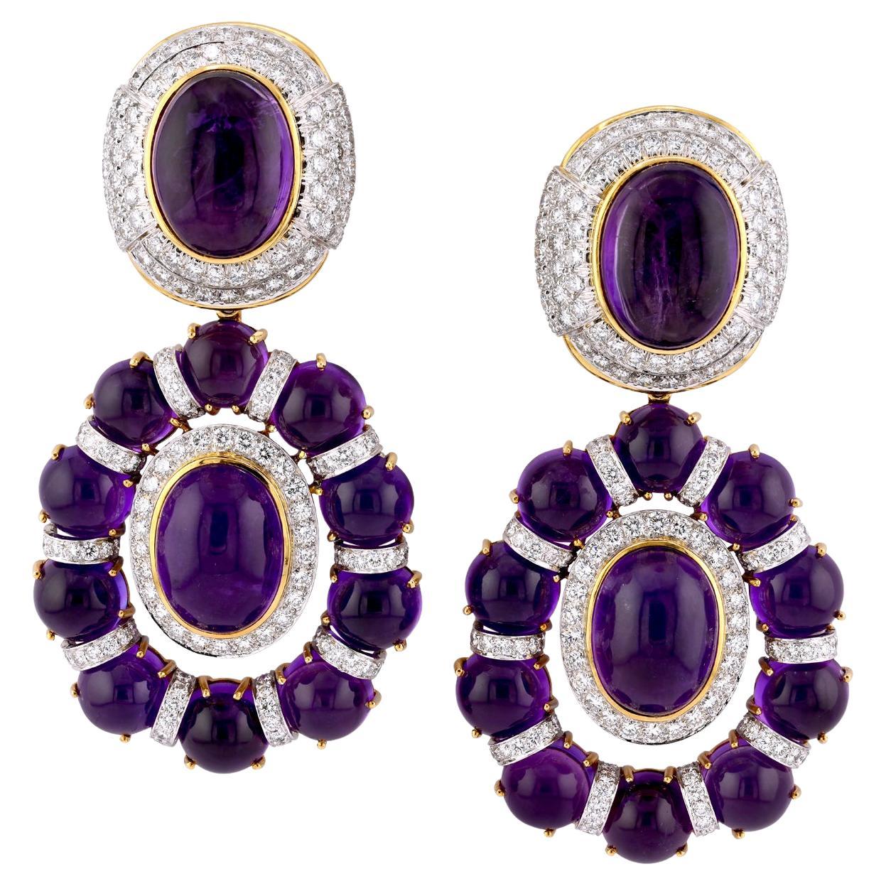 David Webb Diamond Amethyst Convertible Ear Clips, 1990