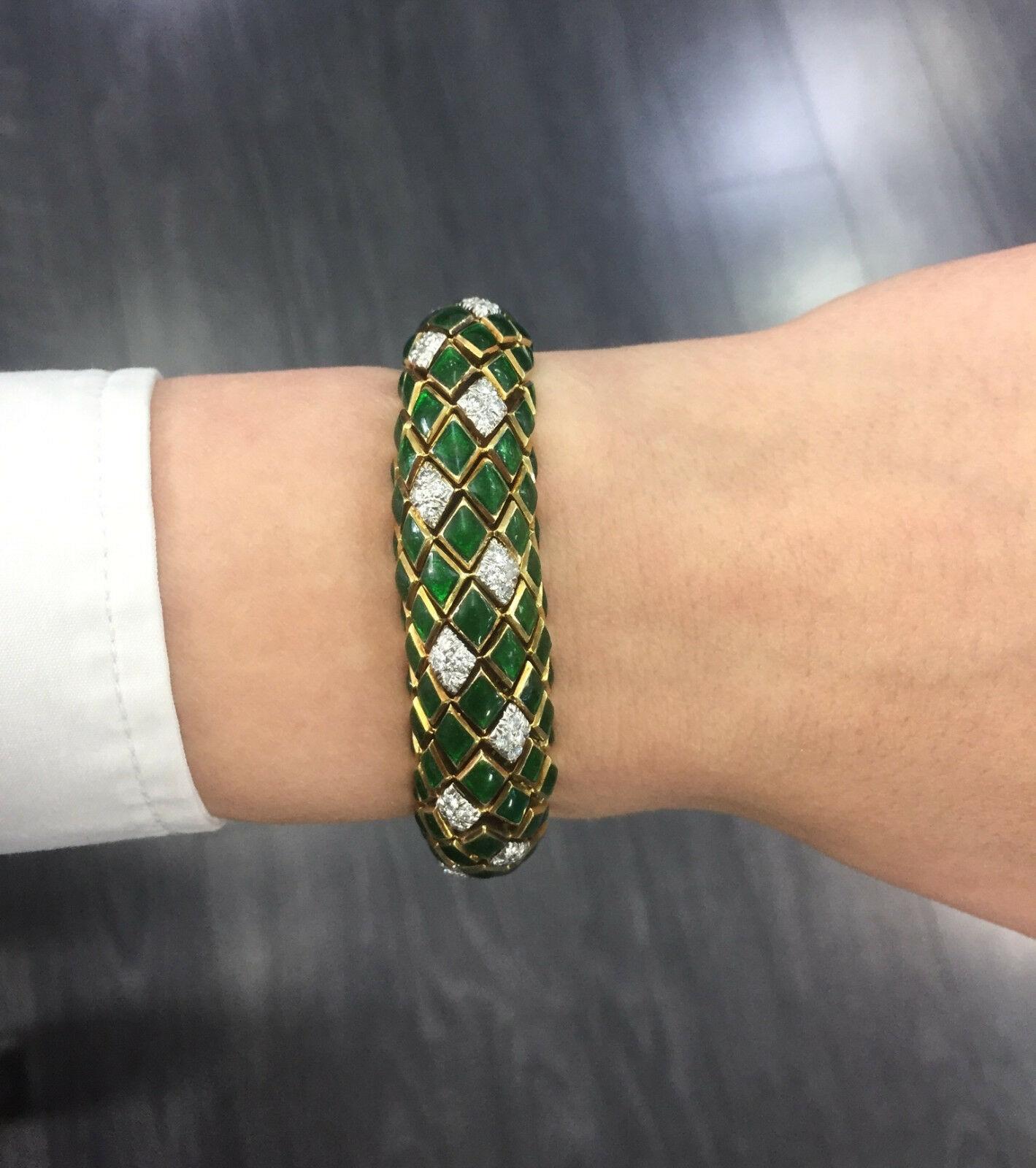 Elegant!  
Snake scale-like link design green enamel and  gold, accented with diamond links  by David Webb, circa 1970s.
18k gold
 Maker's Signature:  David Webb