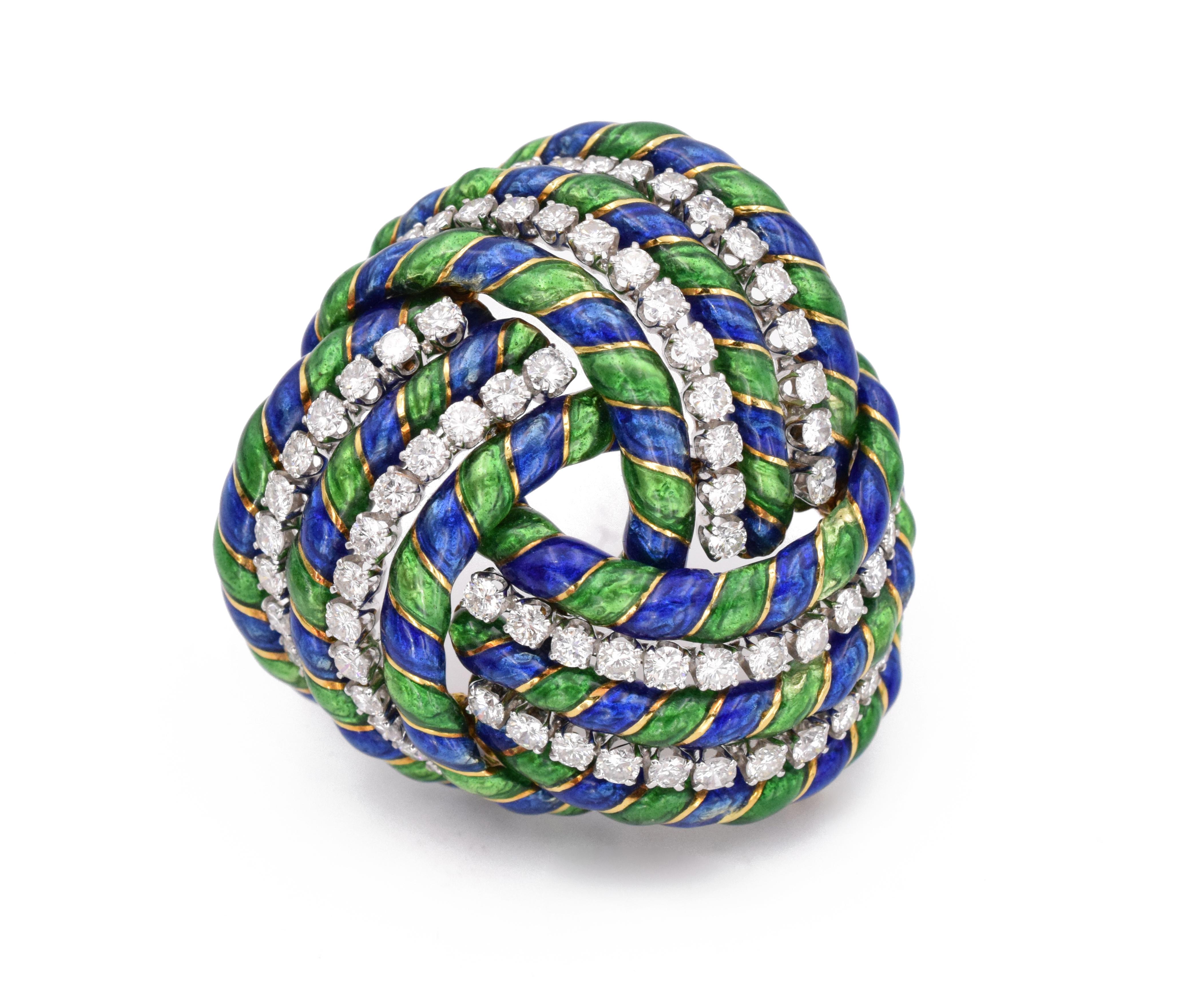 David Webb   Diamond & Enamel Brooch. 
 Beautiful rope design brooch with diamonds & enamel.
 Estimated weight of the diamonds is 6cts incrusted in platinum.