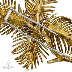 David Webb 18k Gold Ruby Diamond Fern Brooch, Contemporary Design