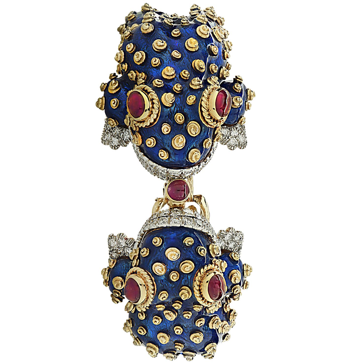 Taglio rotondo David Webb Bracciale a rana con diamanti e rubini