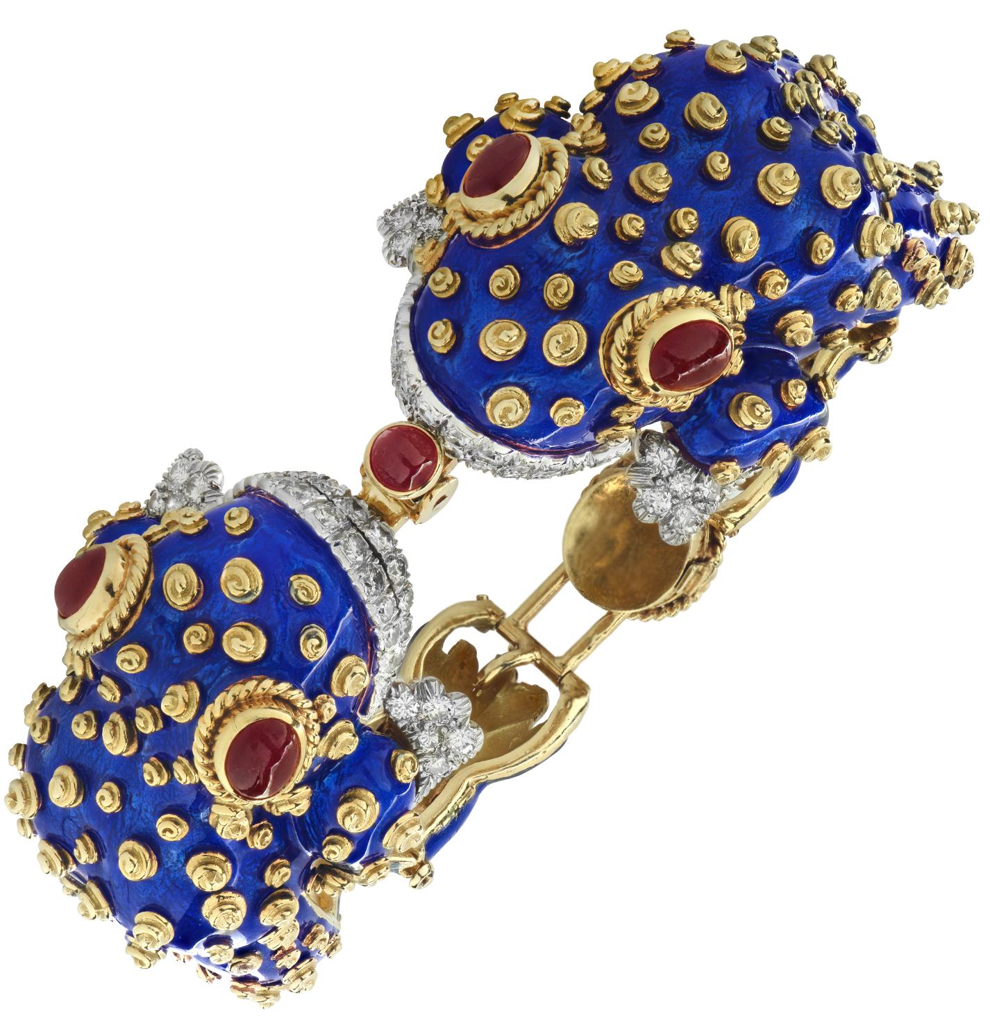 David Webb Diamond and Ruby Frog Bangle Bracelet 1