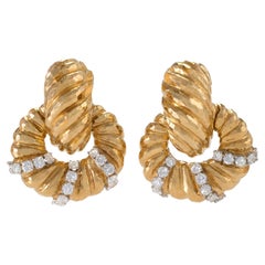 David Webb Diamond and Textured Gold “Doorknocker” Clip Earrings