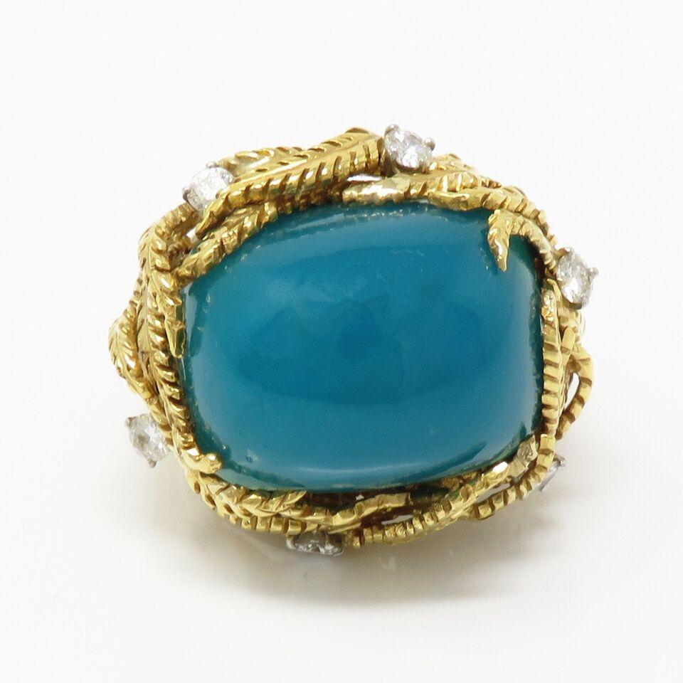 David Webb Diamond and Turquoise 18k Yellow Gold Platinum Diamond Ring In Excellent Condition In Chicago, IL