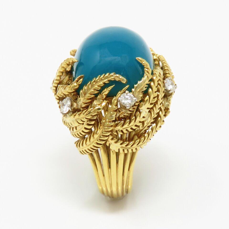 Women's or Men's David Webb Diamond and Turquoise 18k Yellow Gold Platinum Diamond Ring