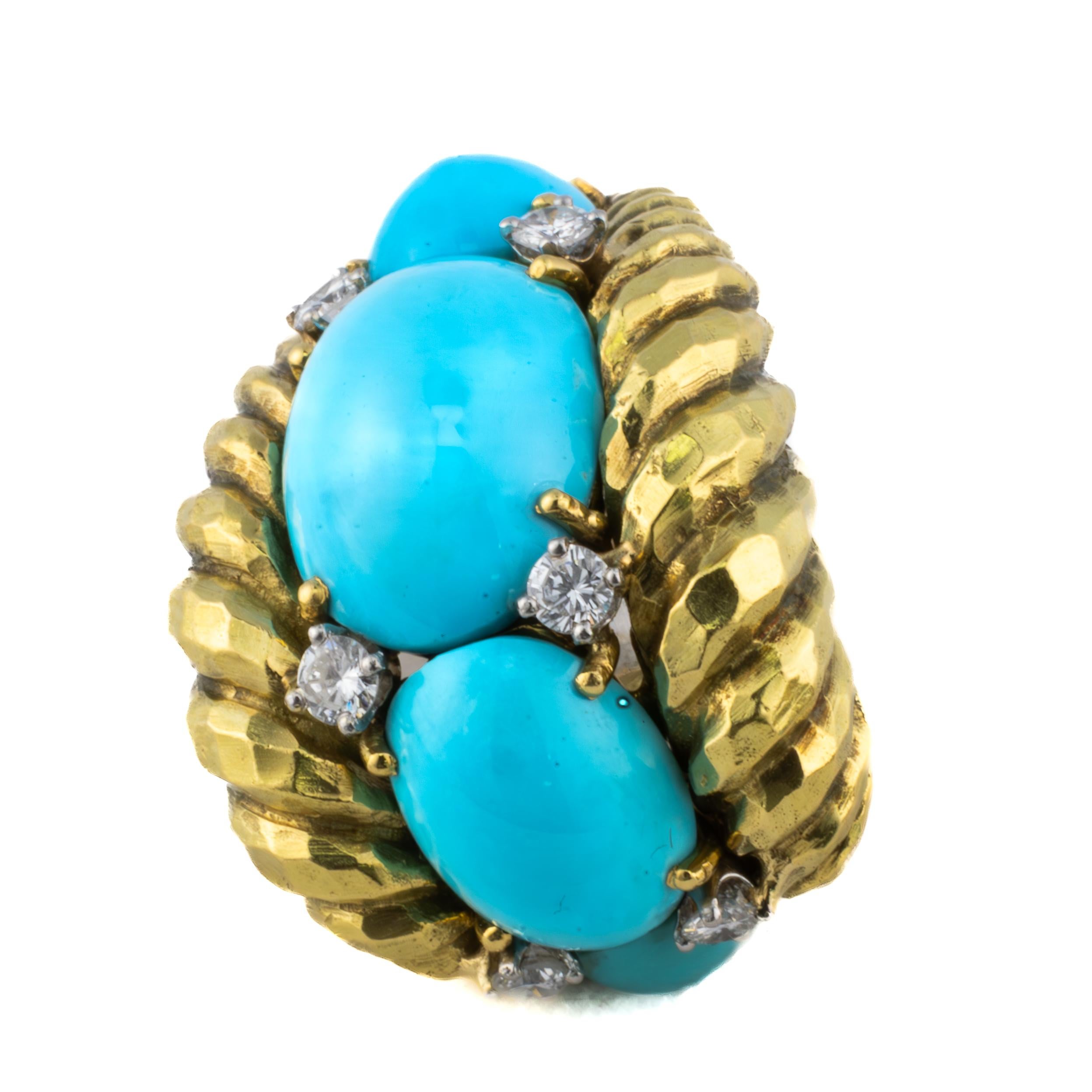 Round Cut David Webb Diamond and Turquoise Gold Earrings For Sale