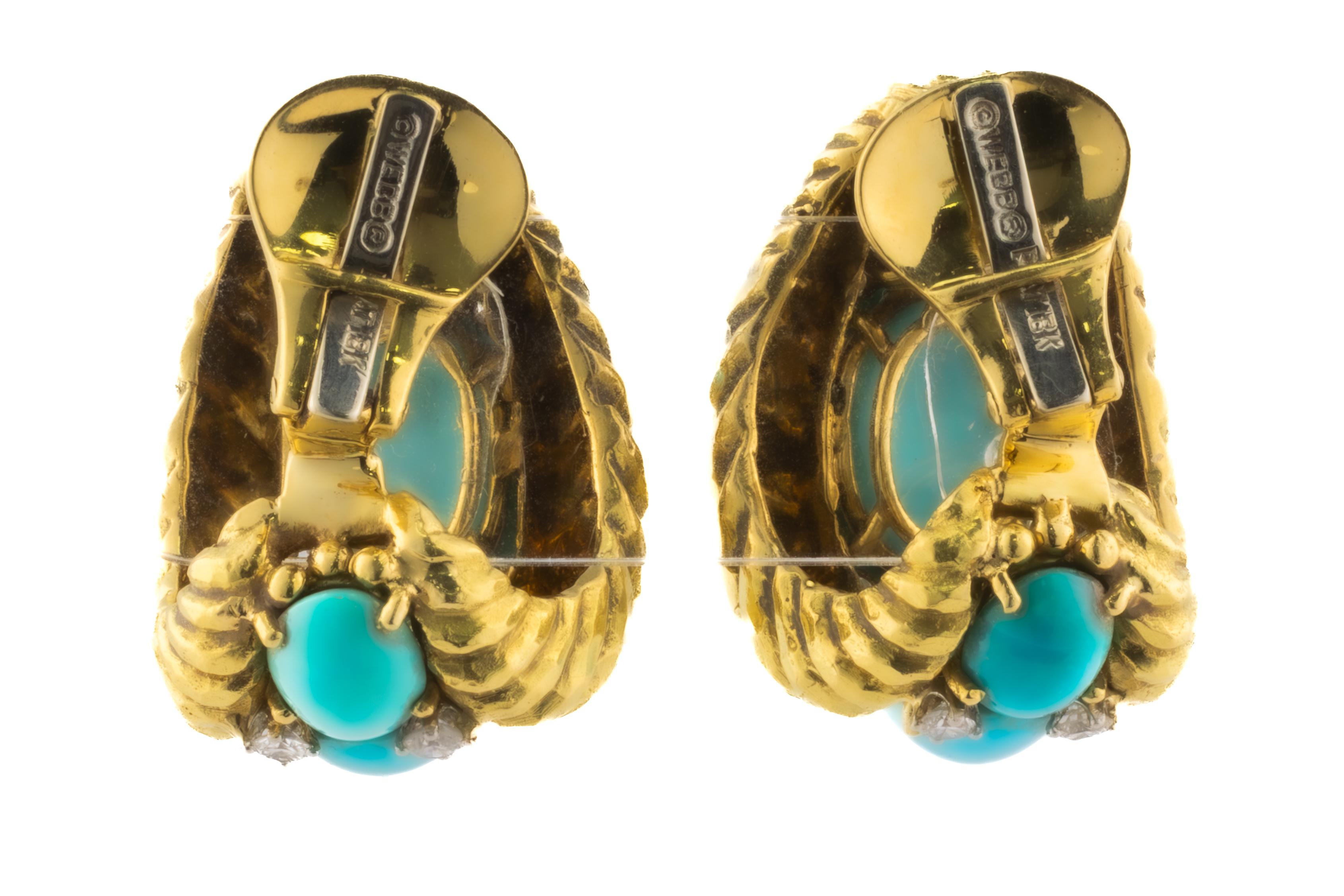 David Webb Diamond and Turquoise Gold Earrings For Sale 1
