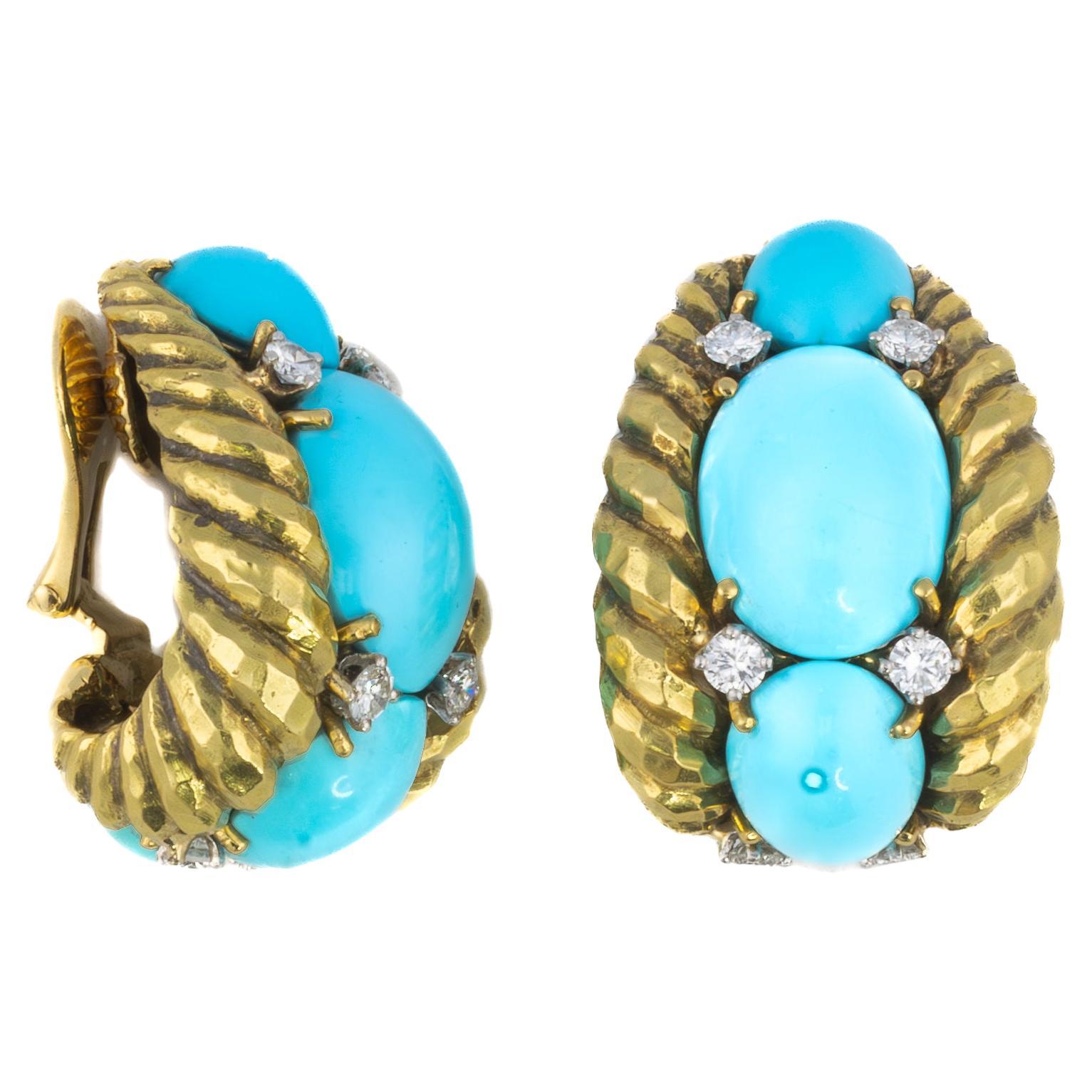 David Webb Diamond and Turquoise Gold Earrings For Sale