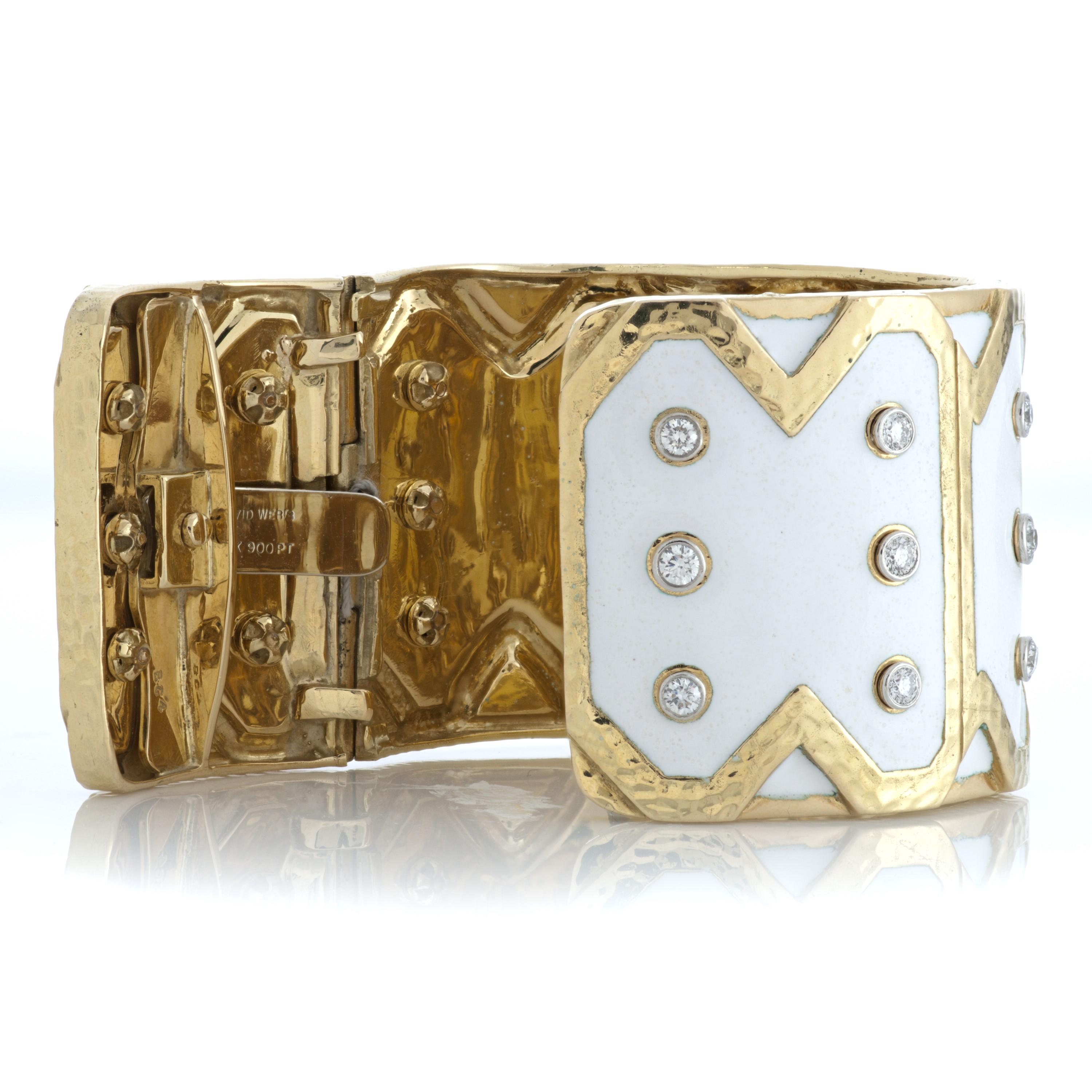 David Webb Diamond and White Enamel Rickrack Cuff Bracelet in 18k Yellow Gold 1