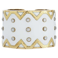 David Webb Diamond and White Enamel Rickrack Cuff Bracelet in 18k Yellow Gold