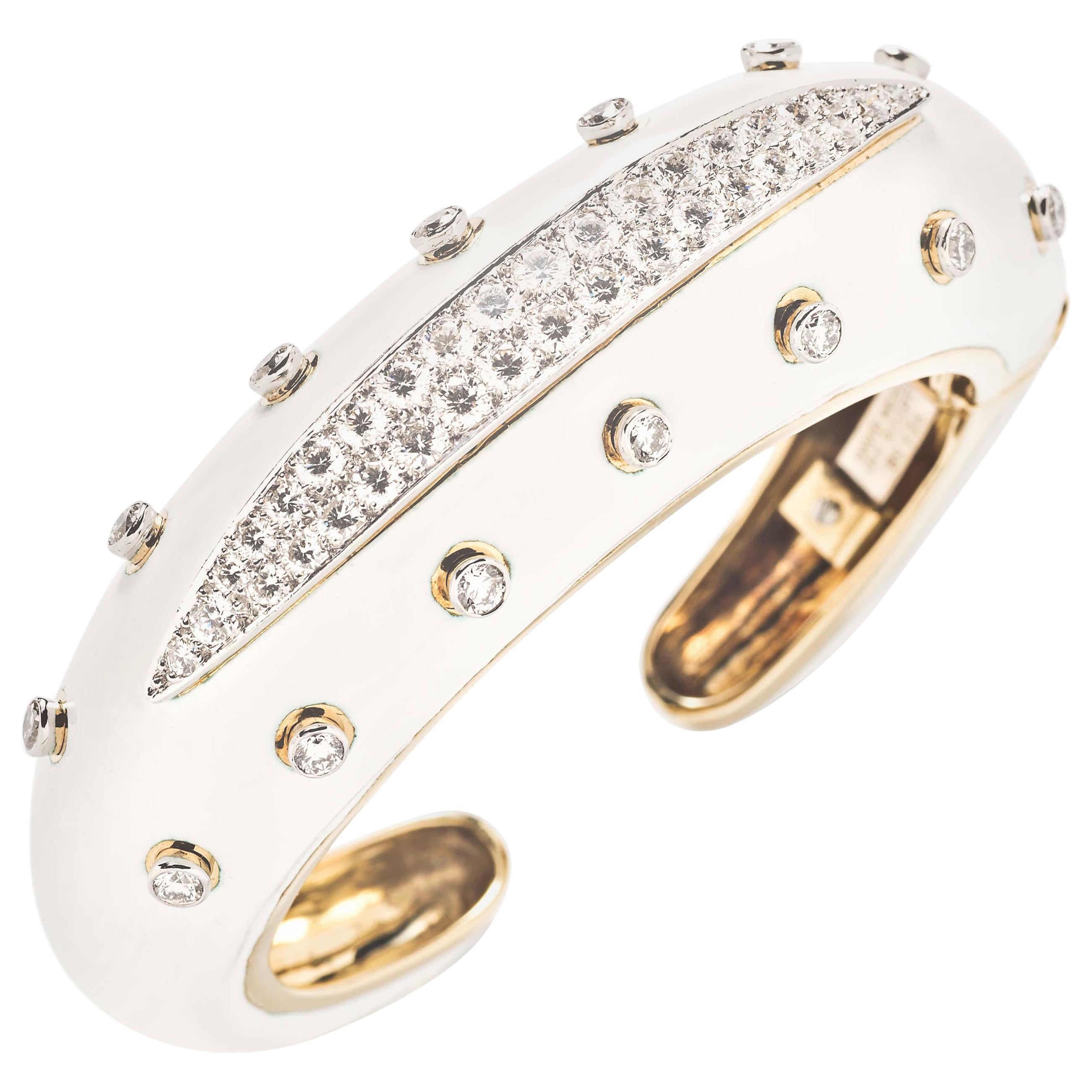 David Webb Diamond and White Enamel Slice Cuff