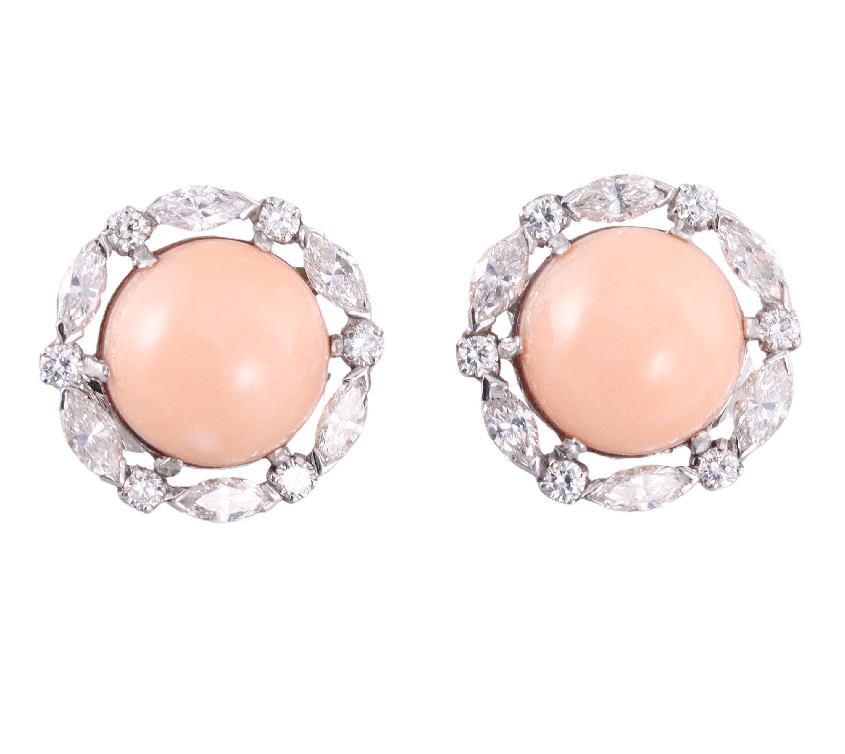 Marquise Cut David Webb Diamond Angel Skin Coral Gold Platinum Button Earrings For Sale