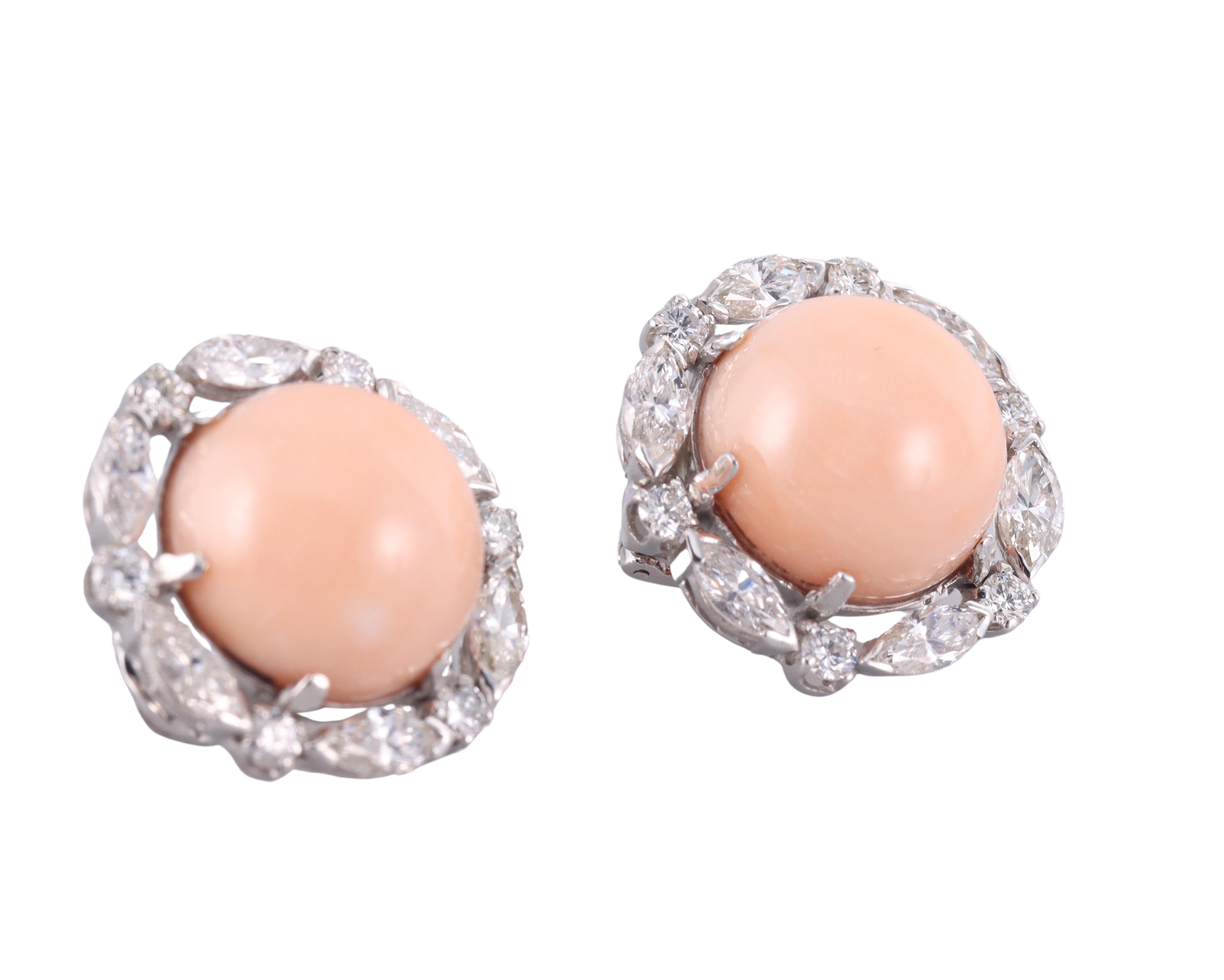 Women's David Webb Diamond Angel Skin Coral Gold Platinum Button Earrings For Sale