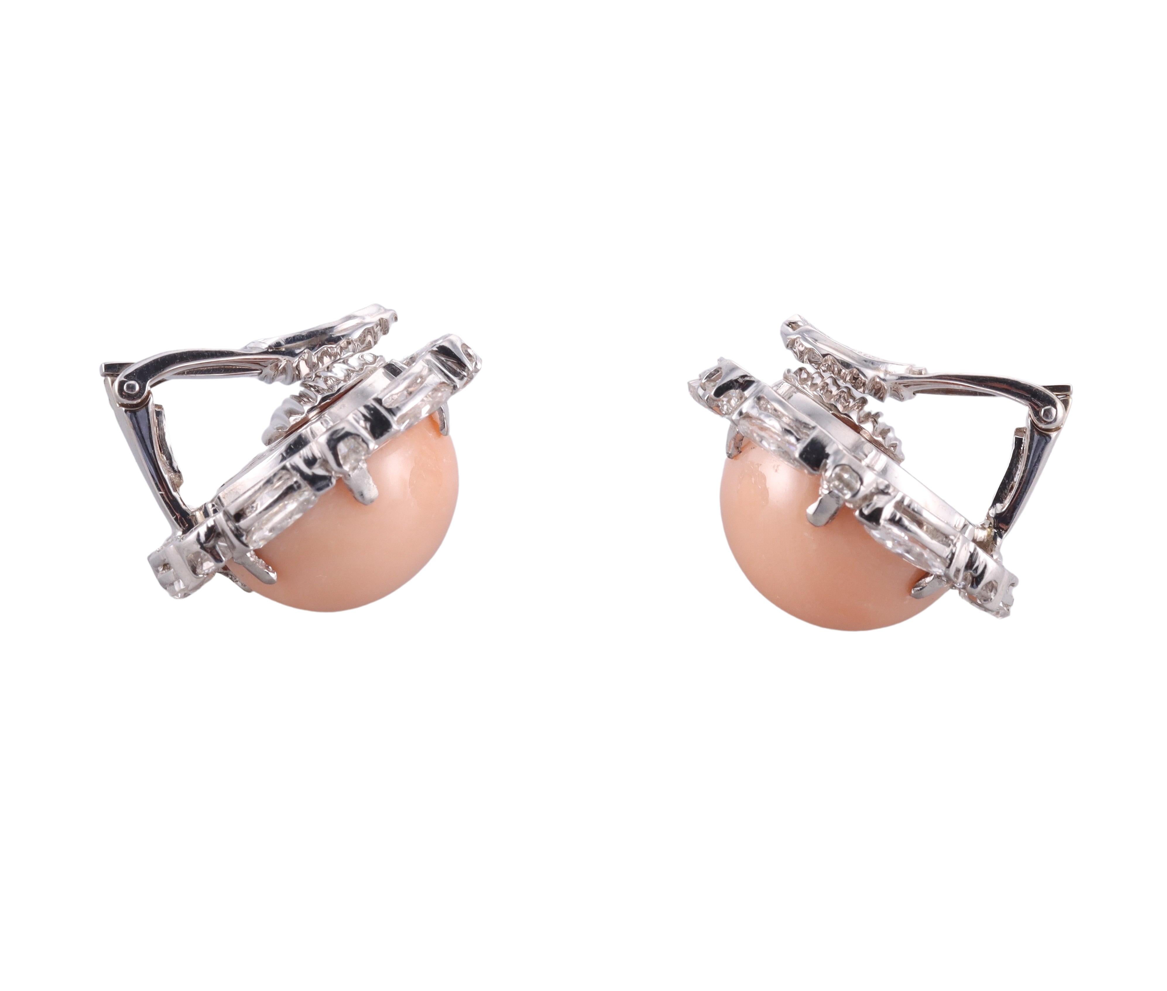 David Webb Diamond Angel Skin Coral Gold Platinum Button Earrings For Sale 4
