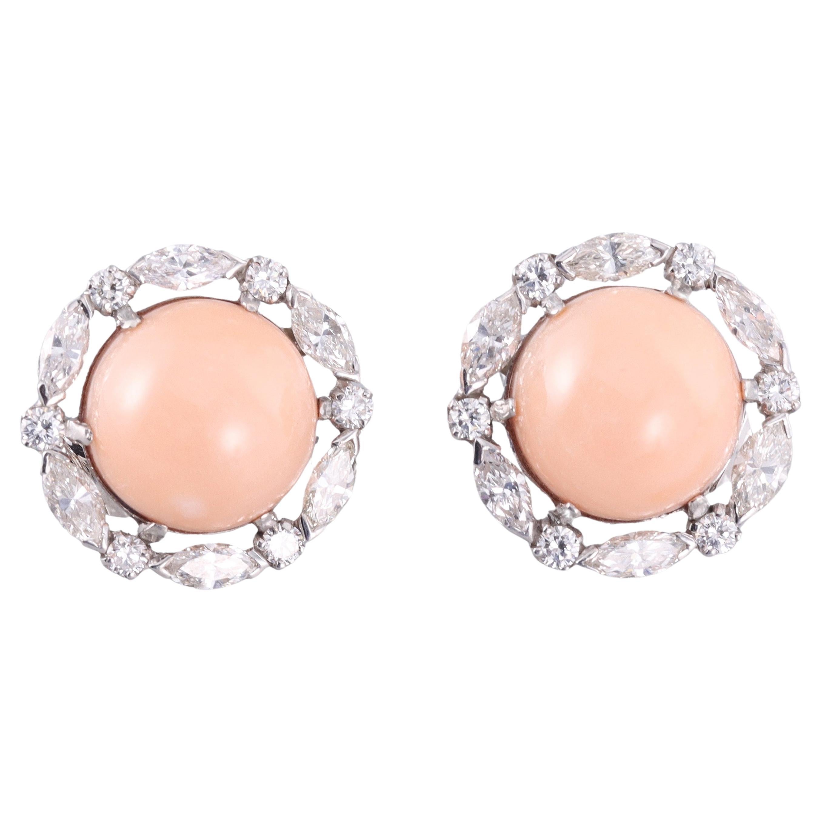 David Webb Diamond Angel Skin Coral Gold Platinum Button Earrings For Sale
