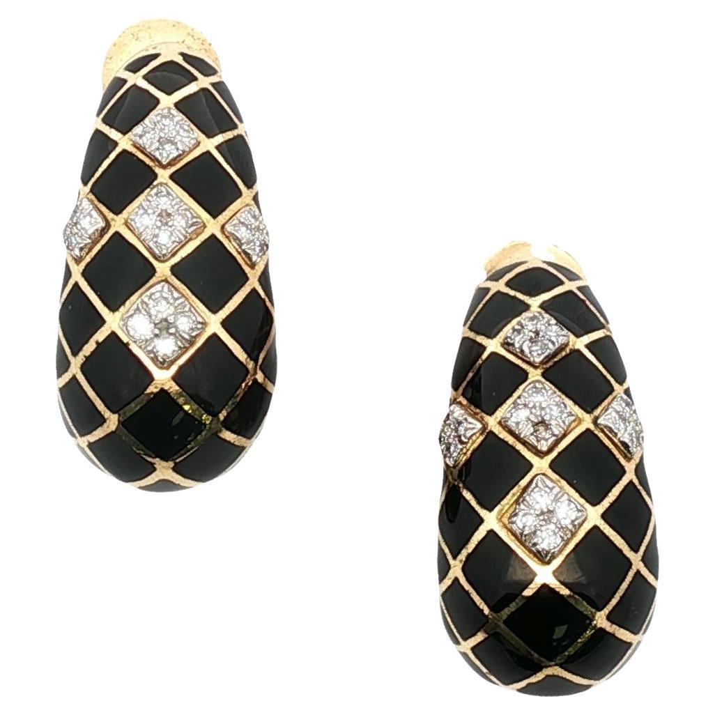 David Webb Diamond Black Enamel 18 Karat Yellow Gold Vintage Ear-Clip Earrings
