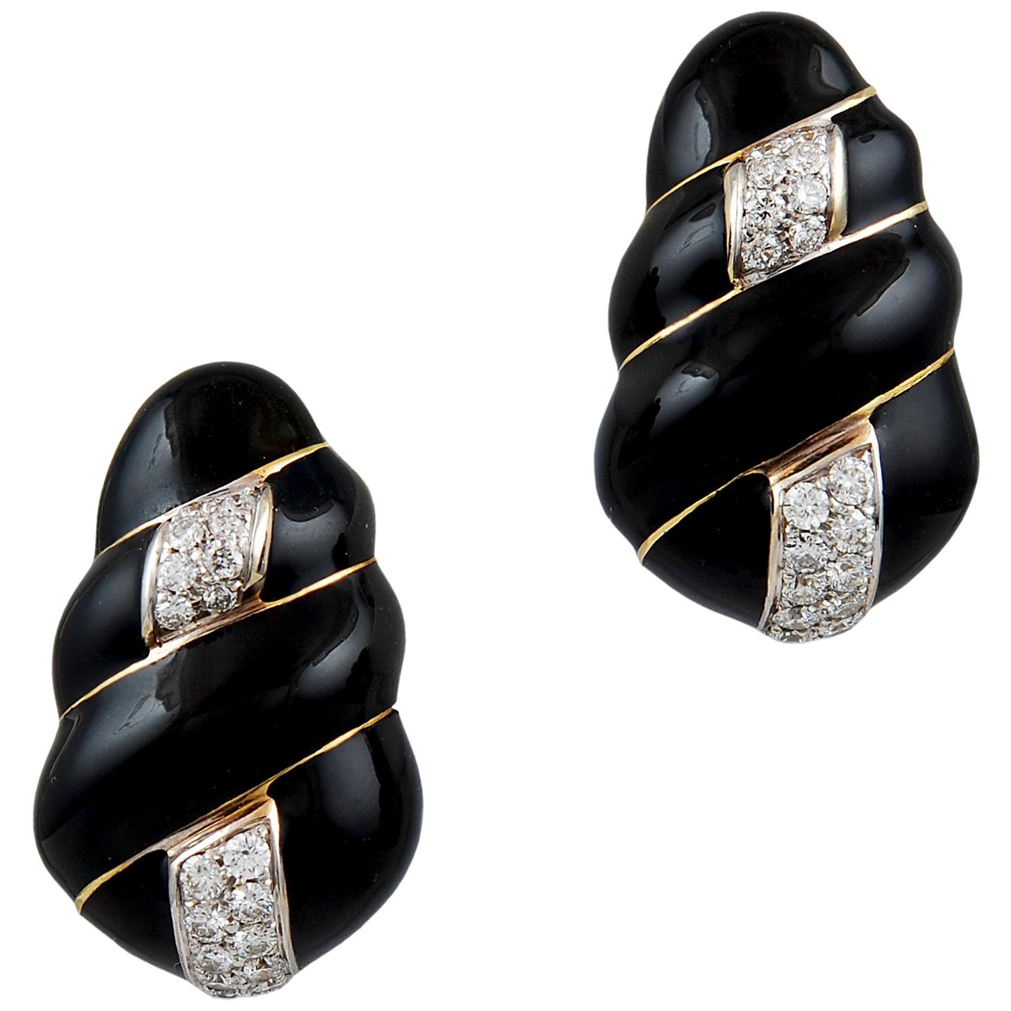 David Webb Boucles d'oreilles en émail noir et diamants