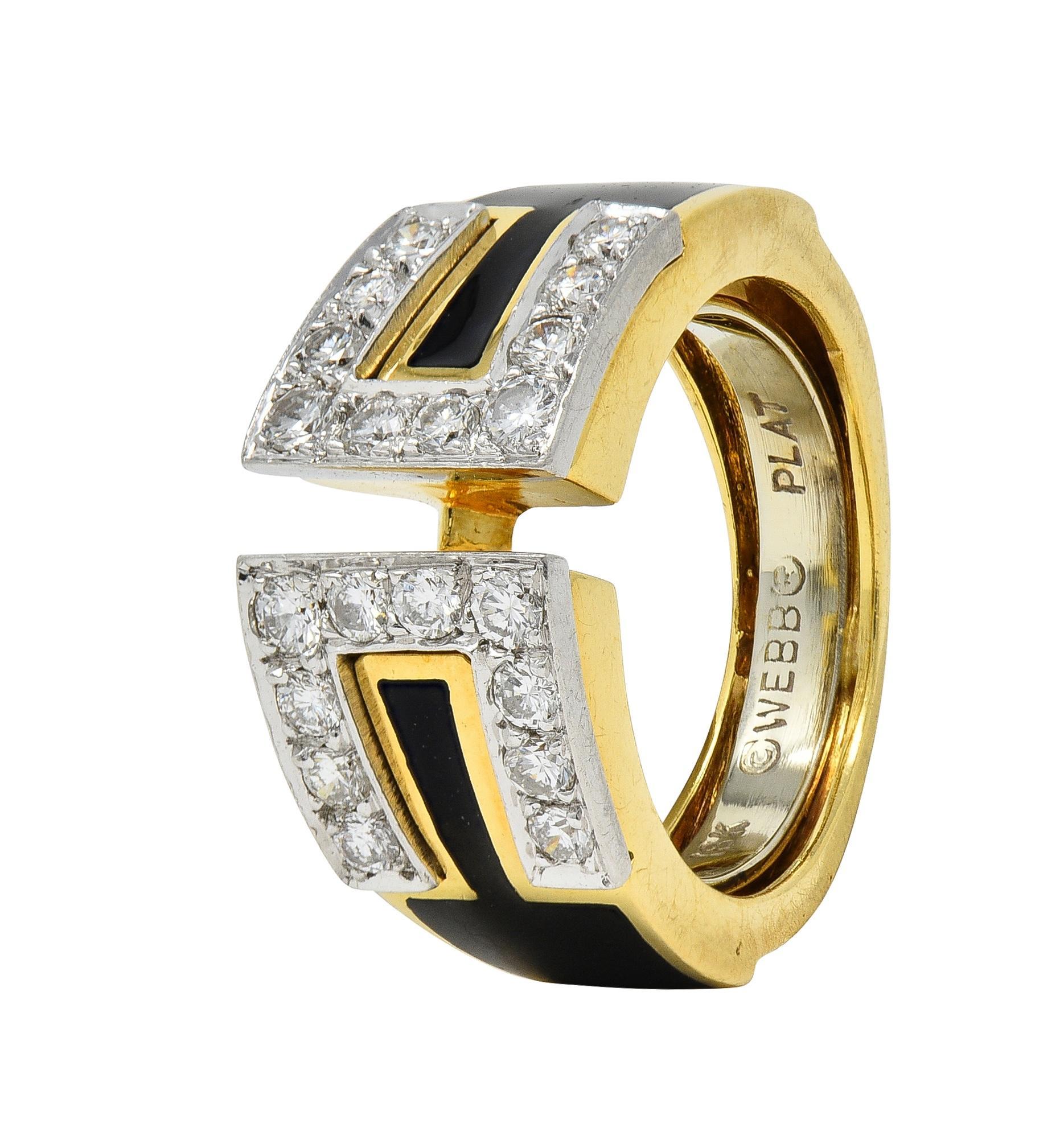Contemporaneo David Webb Anello con diamante e smalto nero in platino e oro giallo 18 carati in vendita