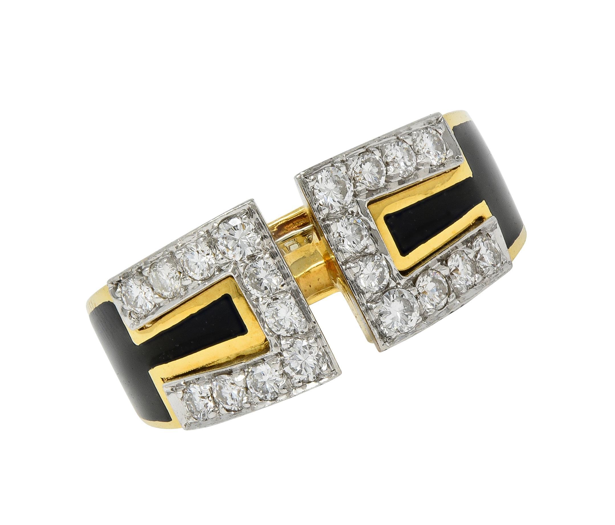 da uomo o donna David Webb Anello con diamante e smalto nero in platino e oro giallo 18 carati in vendita