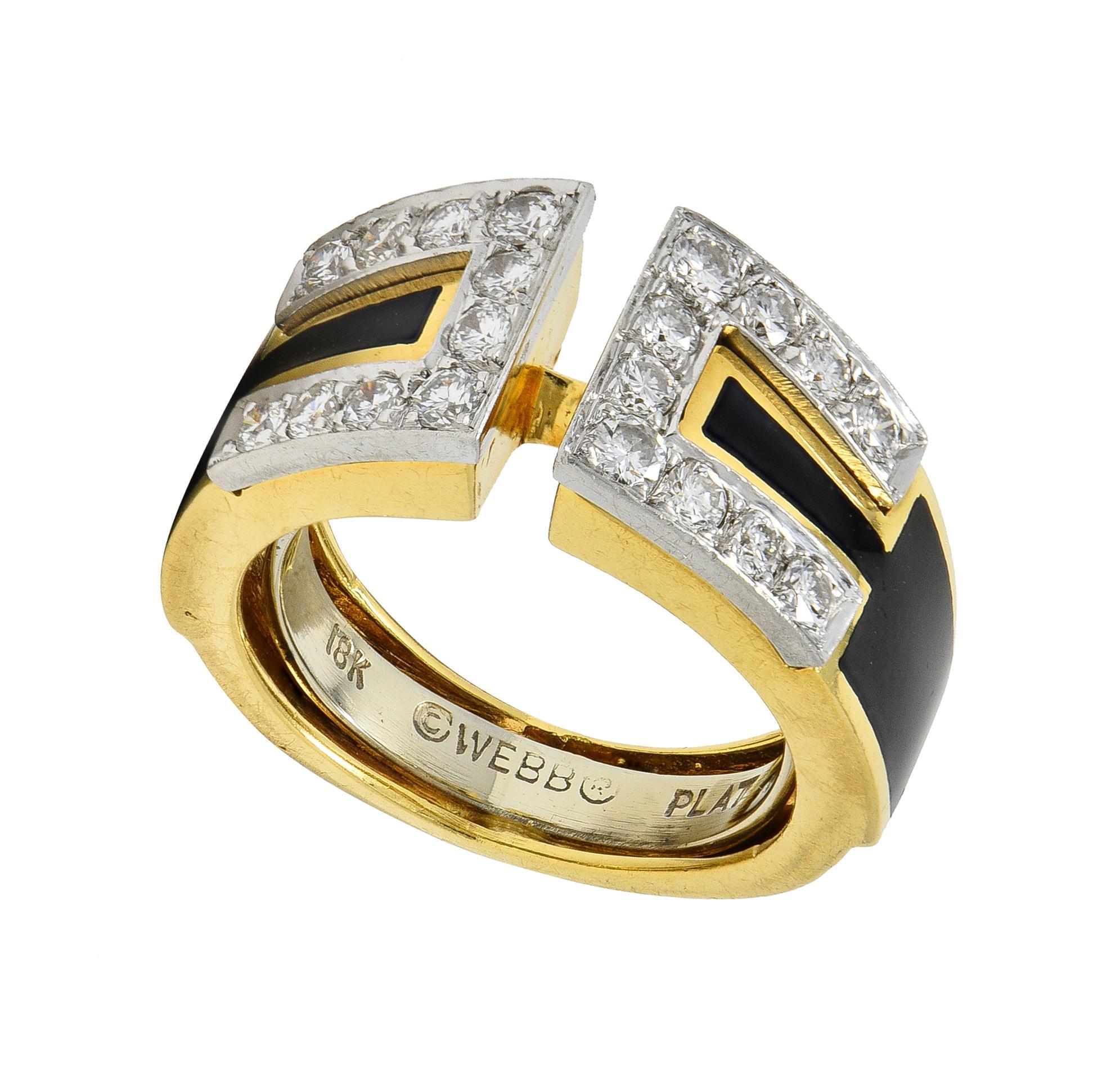 David Webb Anello con diamante e smalto nero in platino e oro giallo 18 carati in vendita 1