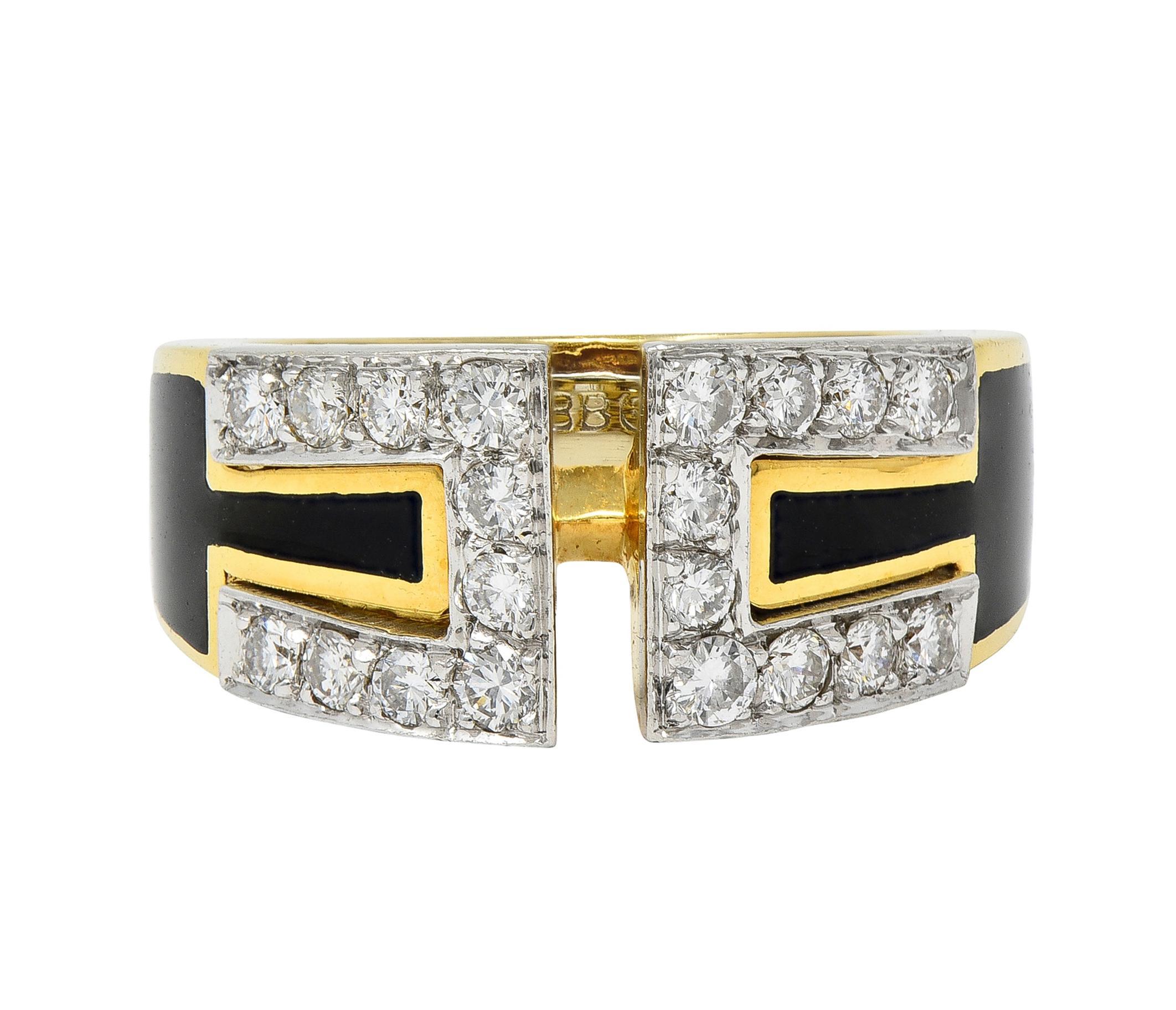 David Webb Anello con diamante e smalto nero in platino e oro giallo 18 carati