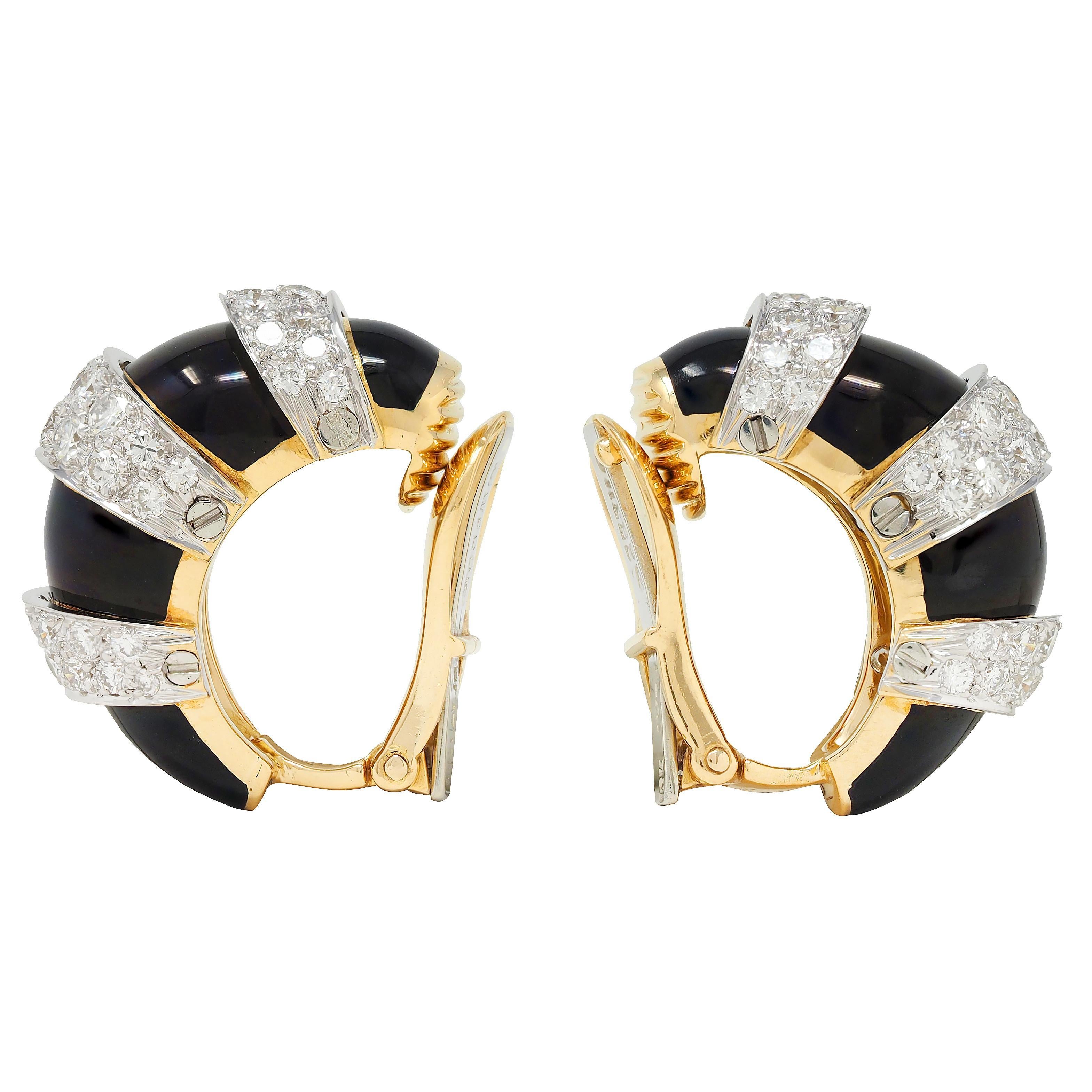 David Webb Diamant Schwarz Emaille Platin 18K Gold Vintage Ohr-Clip-Ohrringe (Moderne) im Angebot