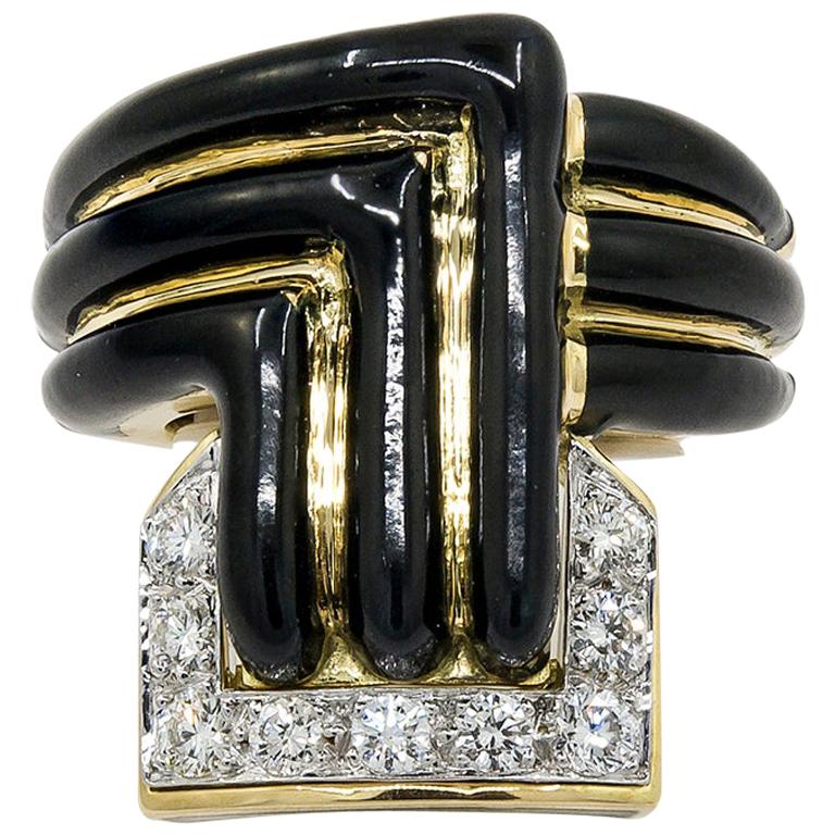 David Webb Diamond Black Enamel Stella Stripe Ring For Sale