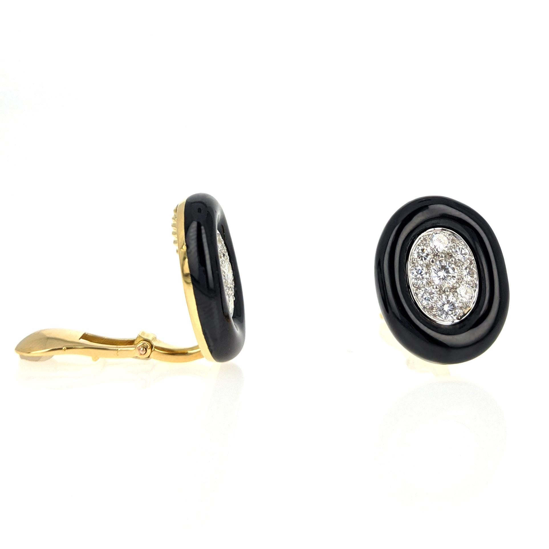 Round Cut David Webb Diamond Black Enamel Yellow Gold Clip Earrings For Sale