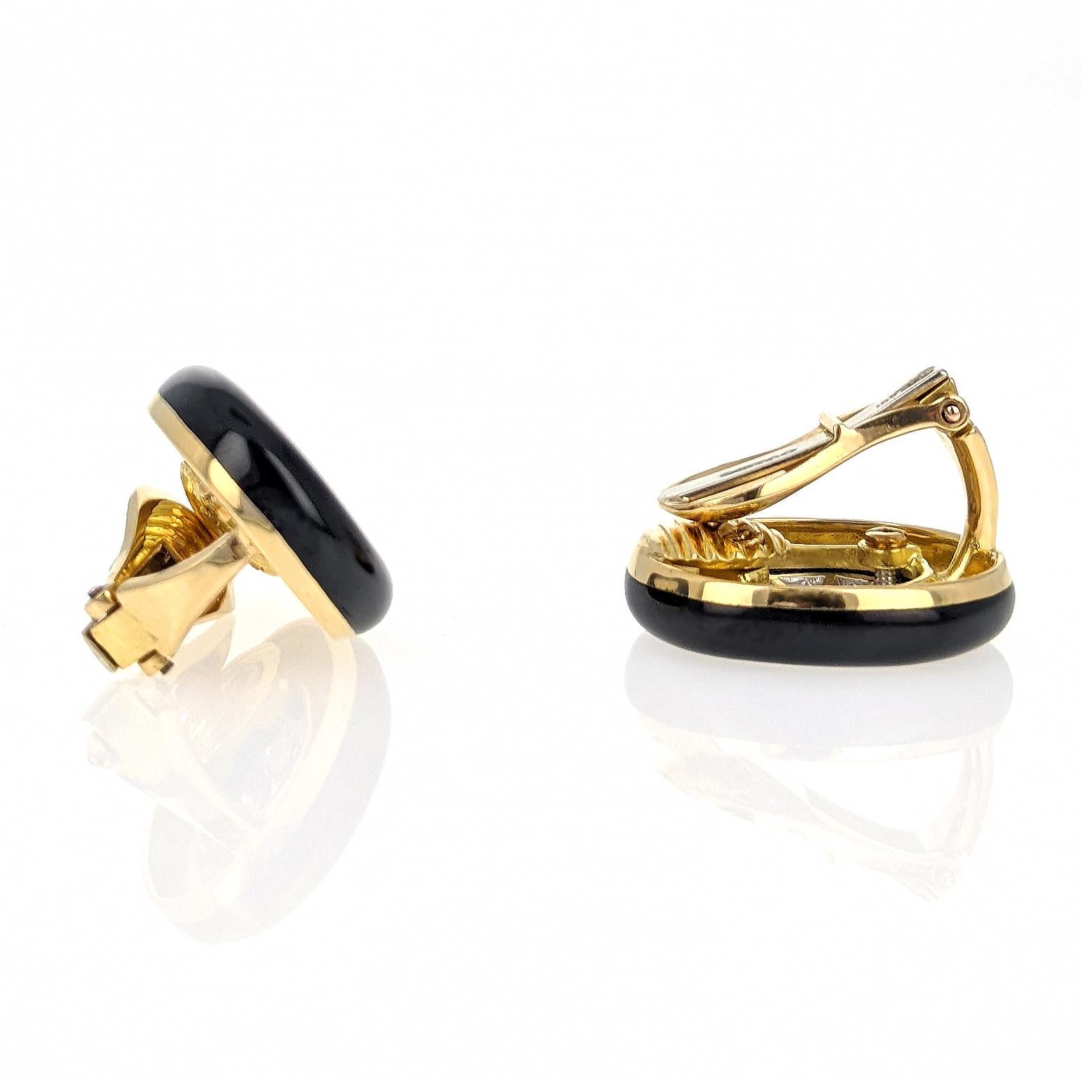 Women's or Men's David Webb Diamond Black Enamel Yellow Gold Clip Earrings For Sale
