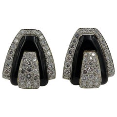 David Webb Diamond Black Enamel Yellow Gold Platinum Set Earrings