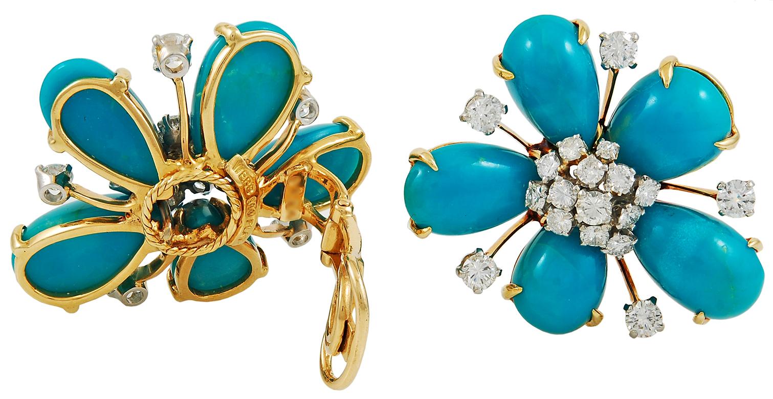 Each of flower head design, this pair of 18k gold and platinum earrings by David Webb are set with several brilliant-cut diamonds weighing approximately 2.91 carats and pear-shaped turquoise weighing approximately 37 carats, that combine to form a