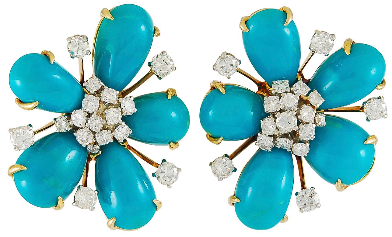 Round Cut David Webb Diamond, Cabochon Turquoise Ear Clips For Sale