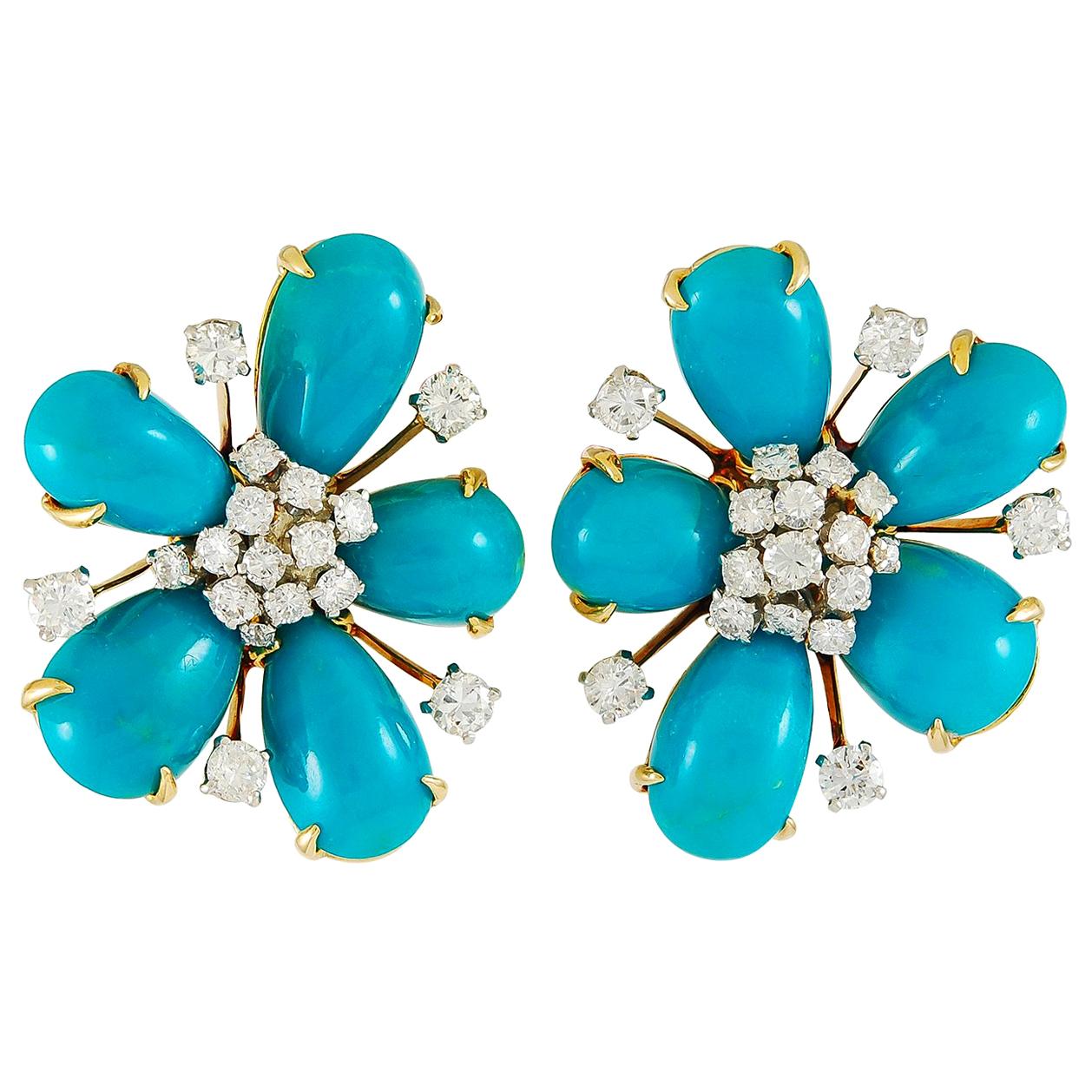 Clips d'oreilles David Webb en diamants et turquoise cabochon