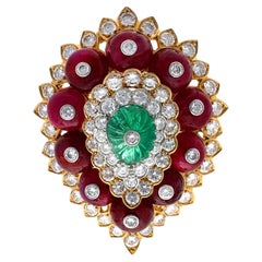 David Webb Diamond Carved Emerald Ruby Yellow Gold Platinum Brooch
