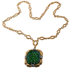 David Webb Diamond Carved Jade Platinum Gold Brooch Pendant Necklace