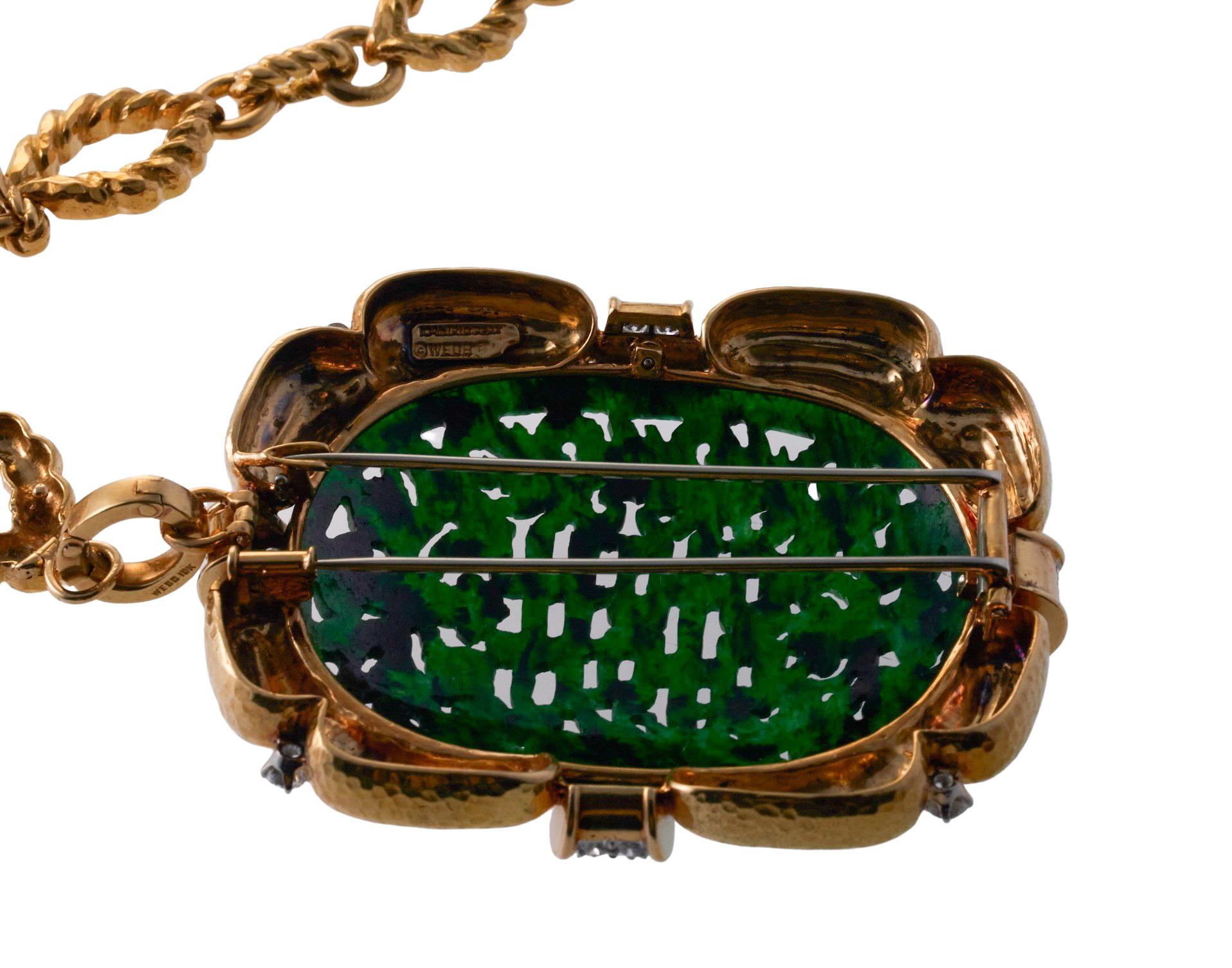 Women's David Webb Diamond Carved Jade Platinum Gold Brooch Pendant Necklace For Sale