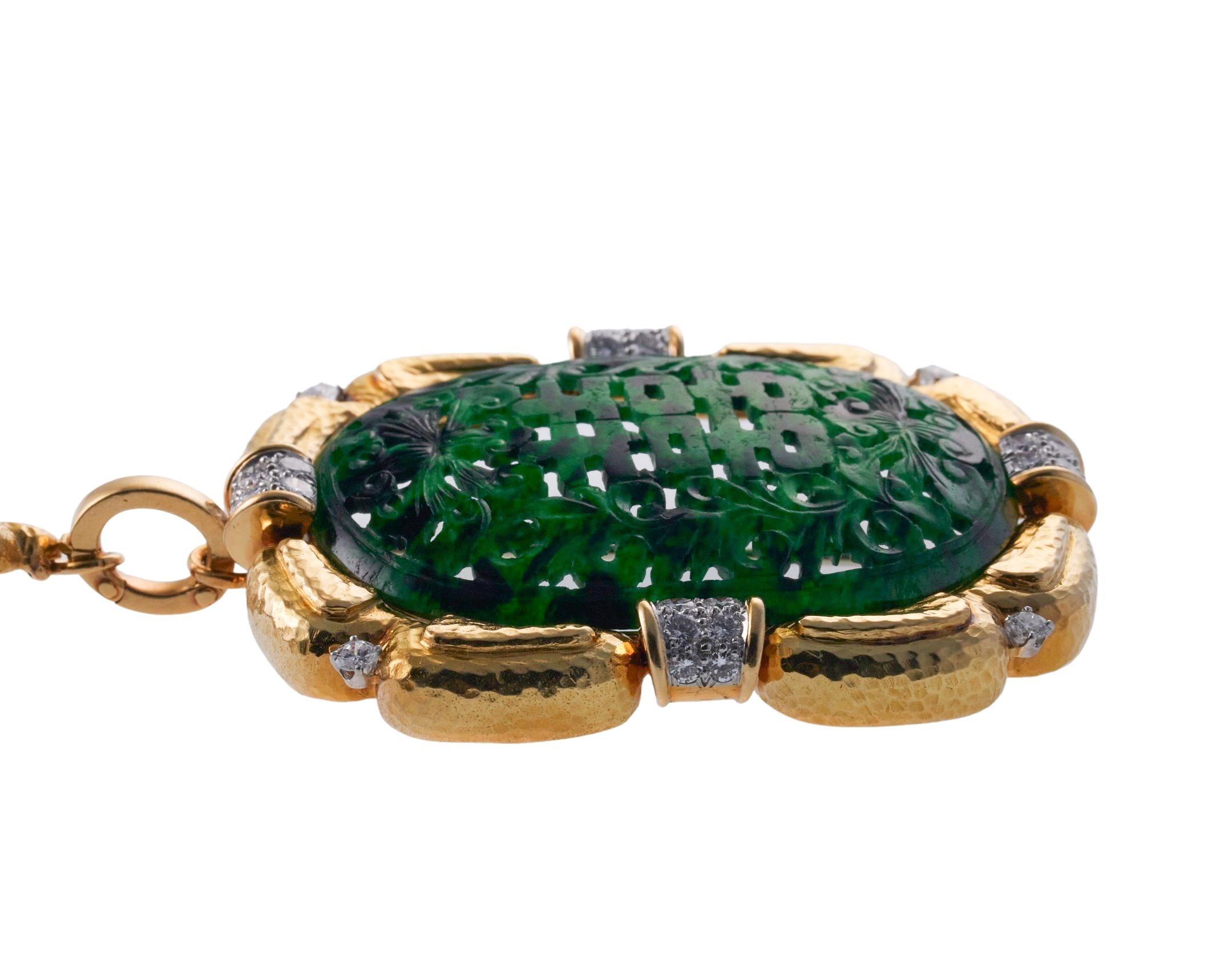 David Webb Diamond Carved Jade Platinum Gold Brooch Pendant Necklace For Sale 2