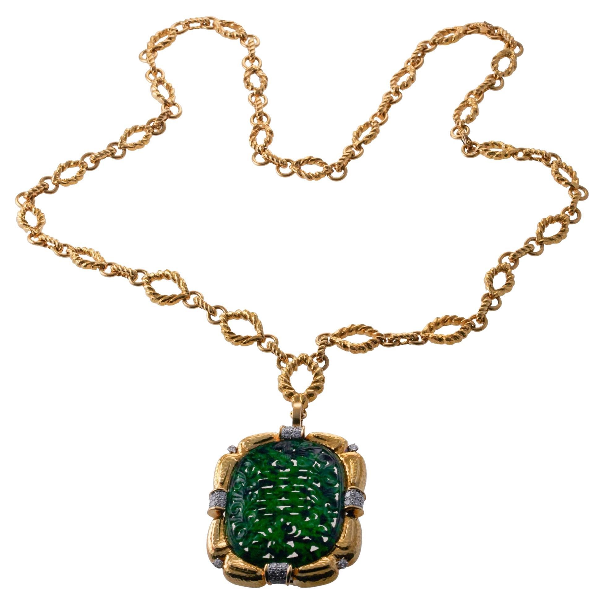 David Webb Diamond Carved Jade Platinum Gold Brooch Pendant Necklace For Sale