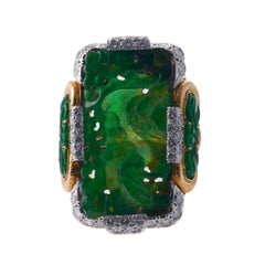 David Webb Diamond Carved Jade Platinum Gold Ring