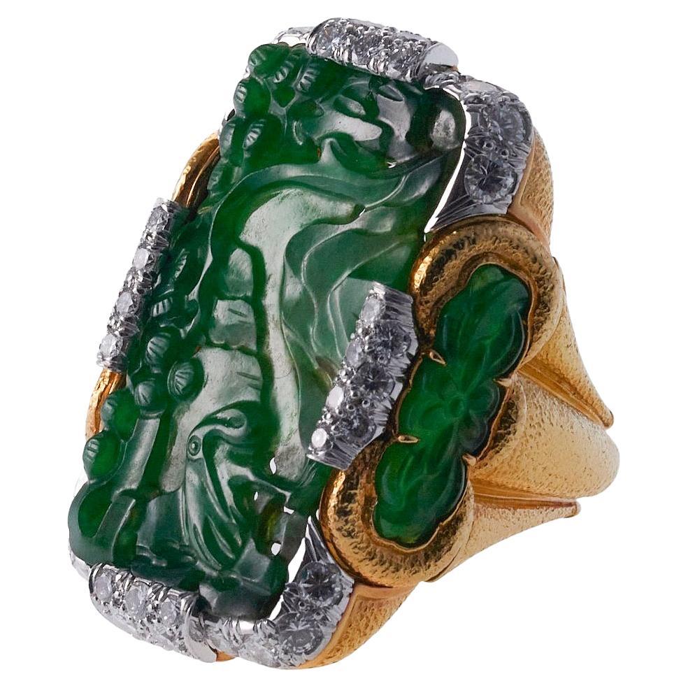 David Webb Diamond Carved Jade Platinum Gold Ring For Sale