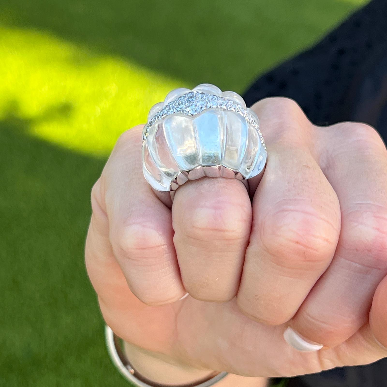 Contemporary David Webb Diamond Carved Rock Crystal 18KYG/Platinum Dome Vintage Cocktail Ring For Sale