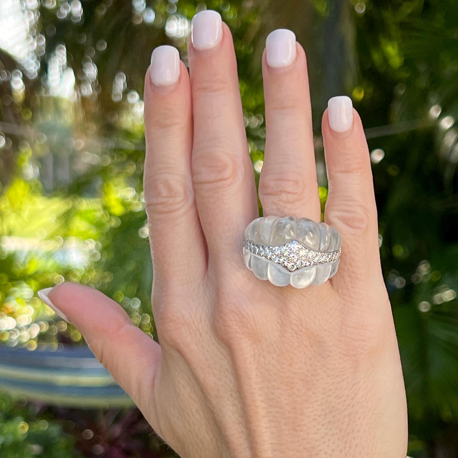 Women's David Webb Diamond Carved Rock Crystal 18KYG/Platinum Dome Vintage Cocktail Ring For Sale
