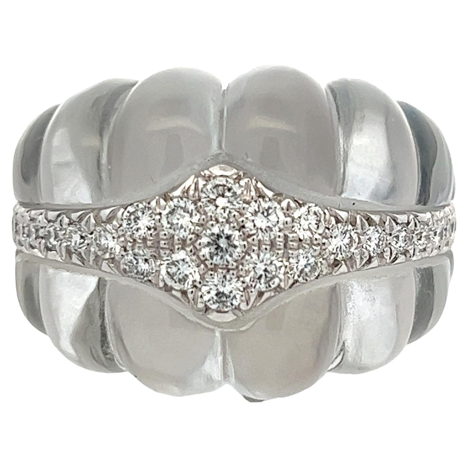 David Webb Diamond Carved Rock Crystal 18KYG/Platinum Dome Vintage Cocktail Ring For Sale