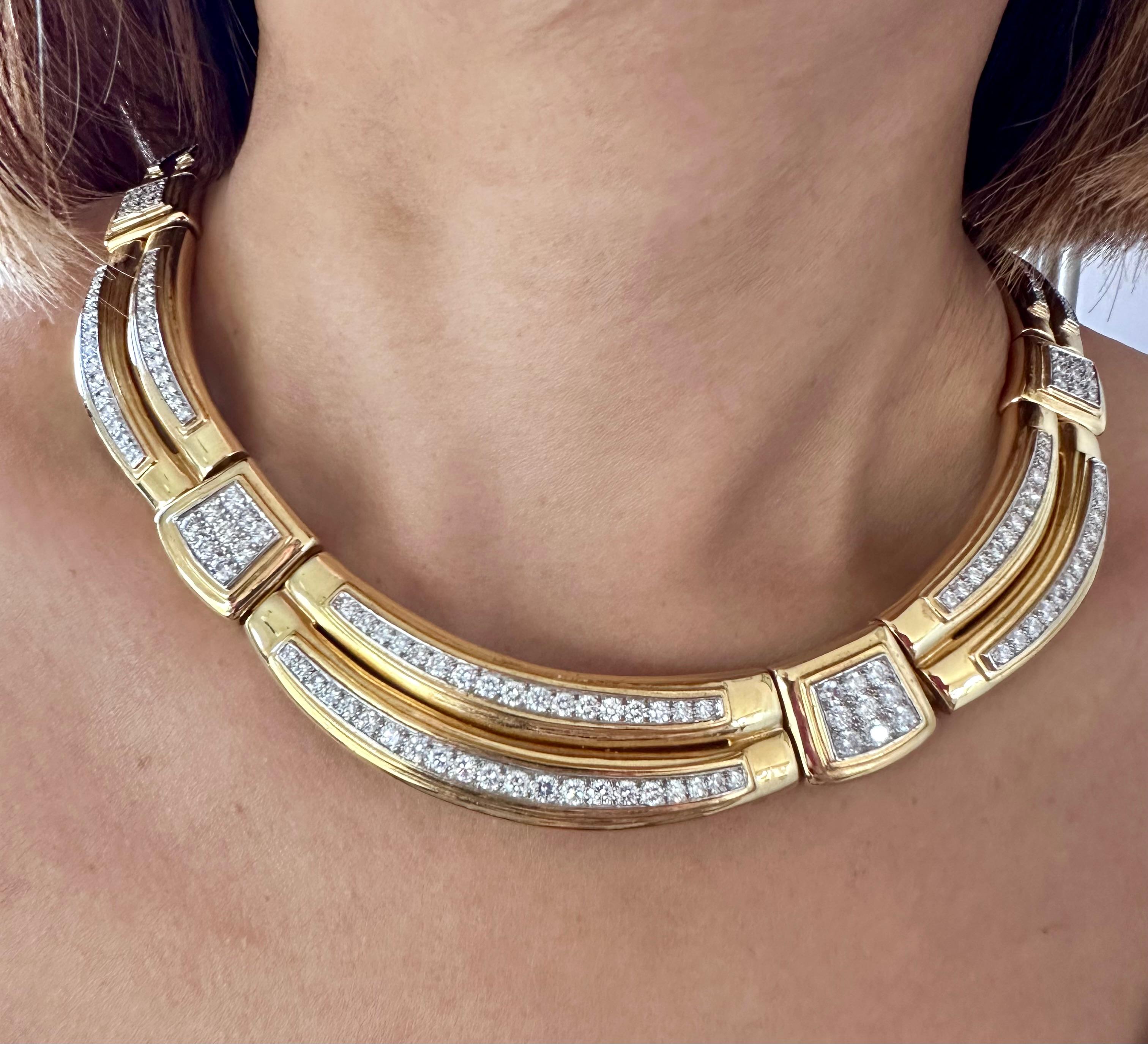 Vintage David Webb 1970s
18kt Yellow Gold Diamond Collar Necklace set with approximately 15 Cts of Fine White Round Brilliant Cut Diamonds 
Length: 16 inches and  5/8 in Width
Hallmarks: David Webb 18k Plat 55
155 G Total Weight 