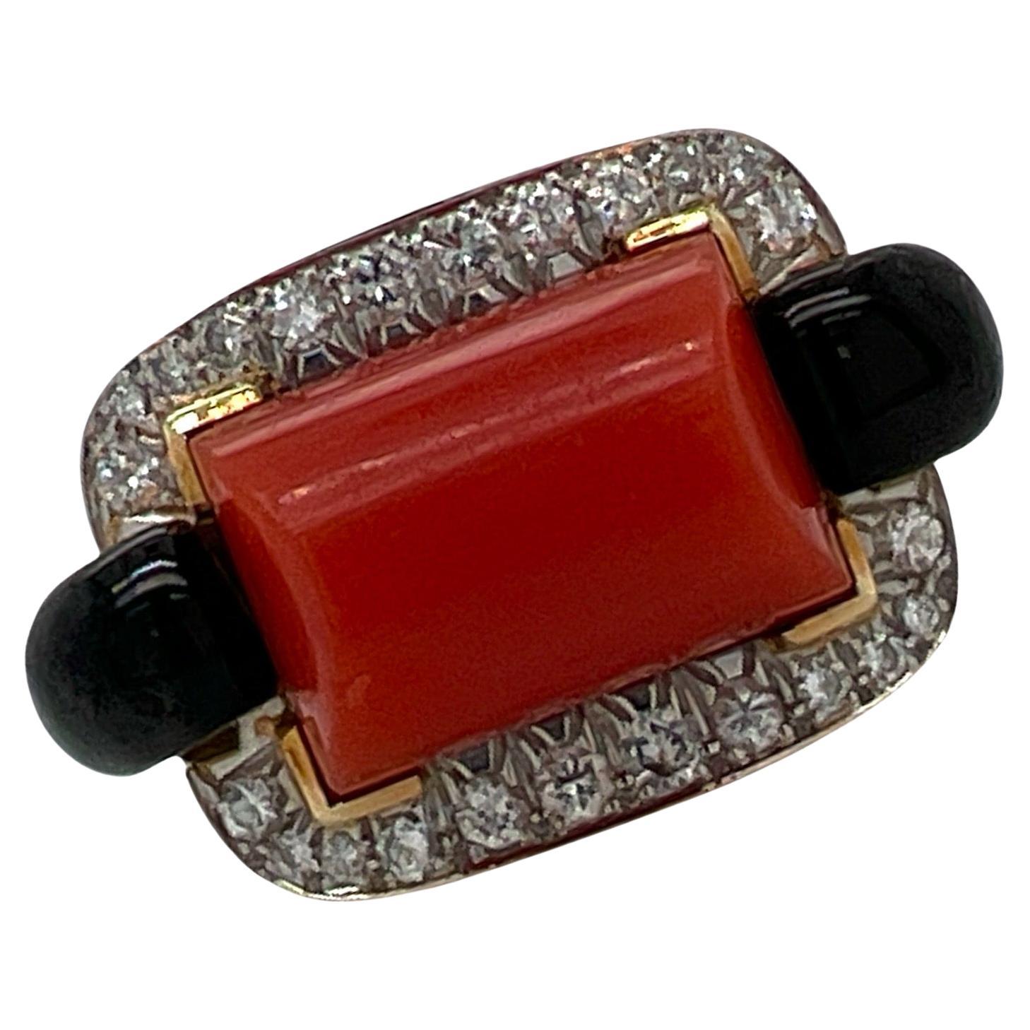 David Webb Diamond Coral Onyx 18 Karat Yellow Gold Vintage Cocktail Ring