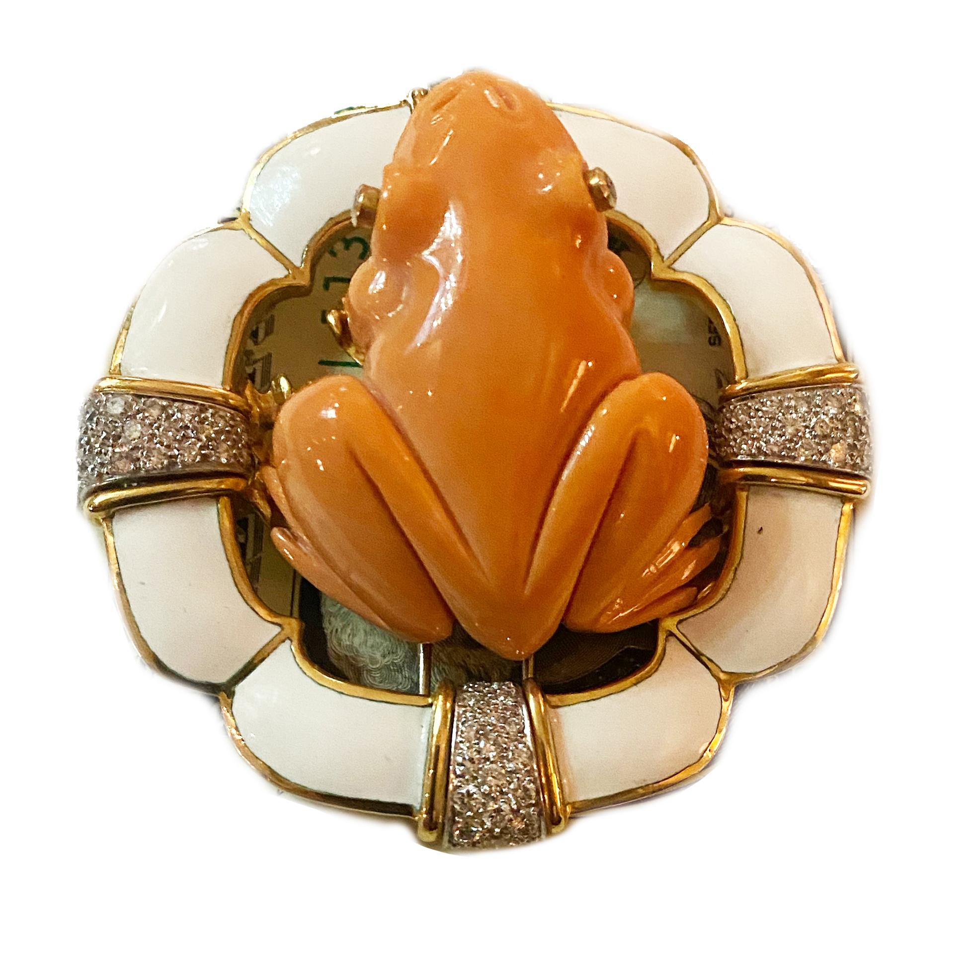 Artist David Webb Diamond, Coral & White Enamel Frog Brooch For Sale