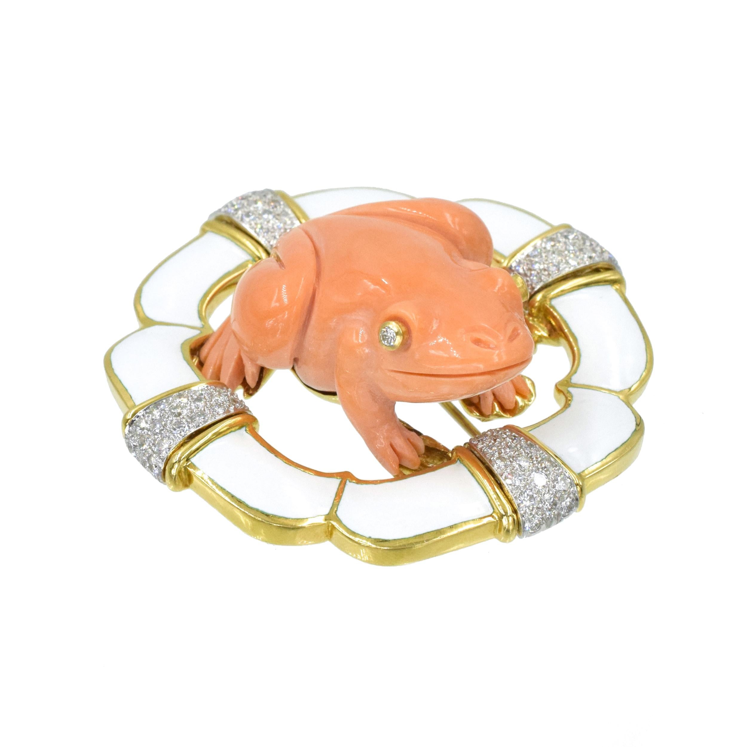 Round Cut David Webb Diamond, Coral & White Enamel Frog Brooch For Sale